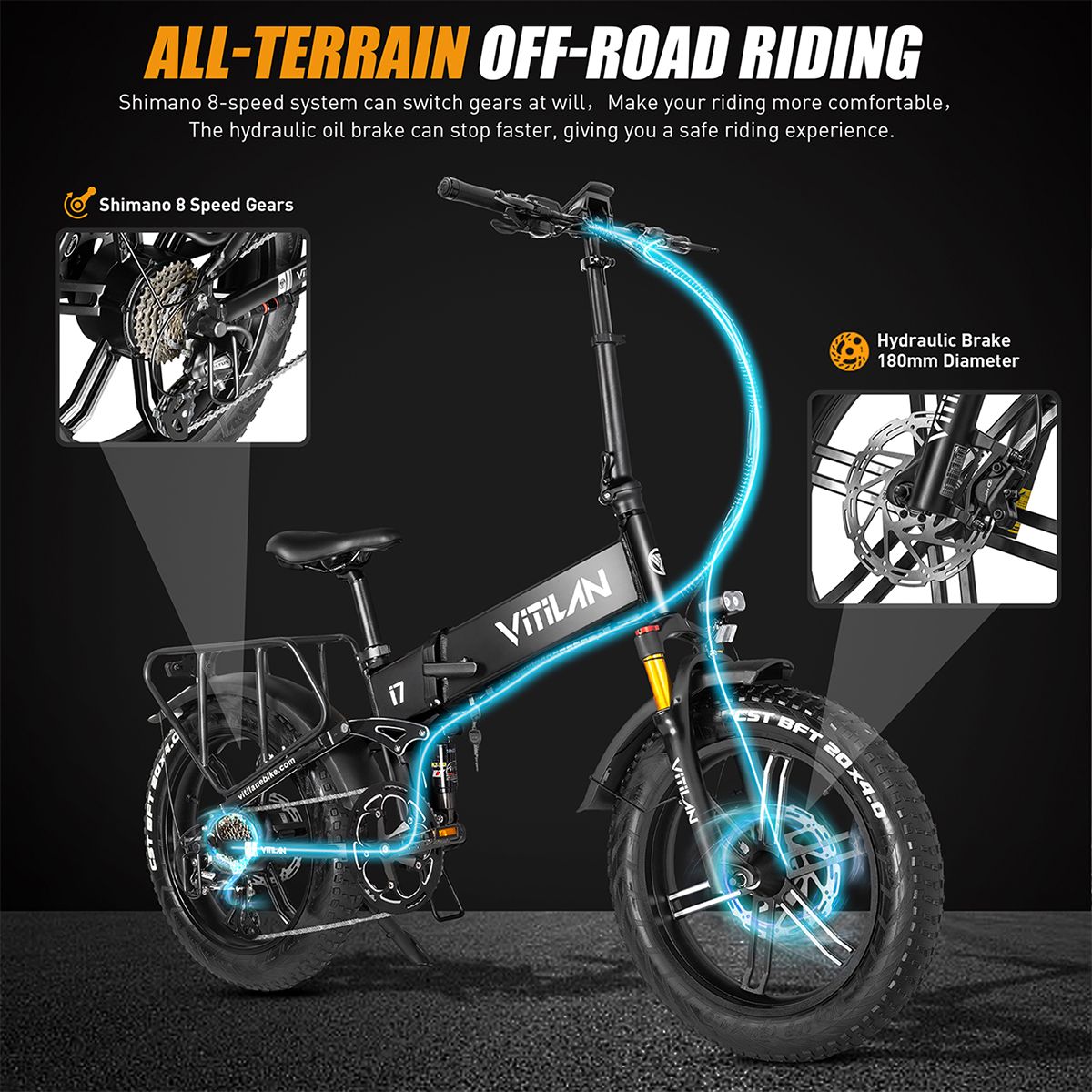 Elektrofahrrad VITILAN i7 mit hervorgehobenen Komponenten: 8-Gang-Schaltung, hydraulische Bremse.