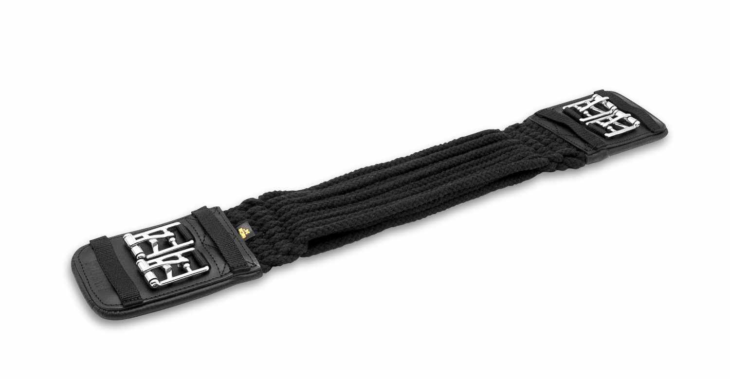 Schwarzer Dressurgurt. Seilmaterial. 60cm. Edelstahl-Schnallen. Leder.