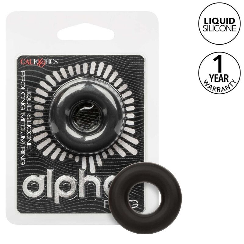 Verpackung mit schwarzem Silikonring. Aufschrift: Alpha Ring, Prolong Medium. Garantie.