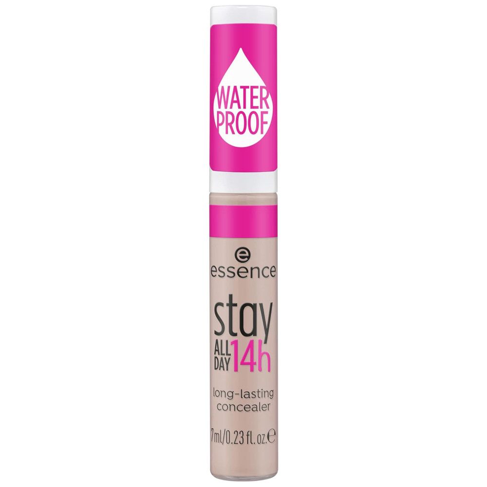 Flüssigkorrektor mit Deckel. Rosa-weißes Etikett mit Schriftzug 'Essence Stay All Day 14h'. Wasserfest-Logo auf dem Deckel.