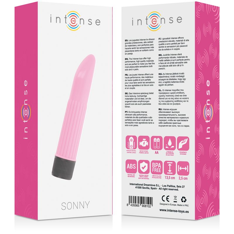 Verpackung mit rosa Akzenten. Produkt: rosa Vibrator mit schwarzem Ende. Text: Intense, Sonny, 13,5 cm, 2,5 cm.