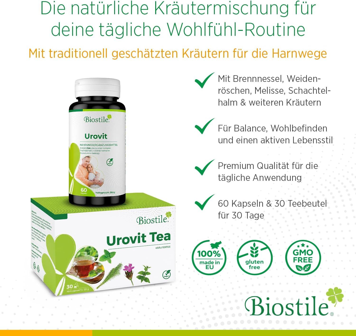Biostile Urovit Kapselbehälter und Urovit Tee Packung mit Siegeln.