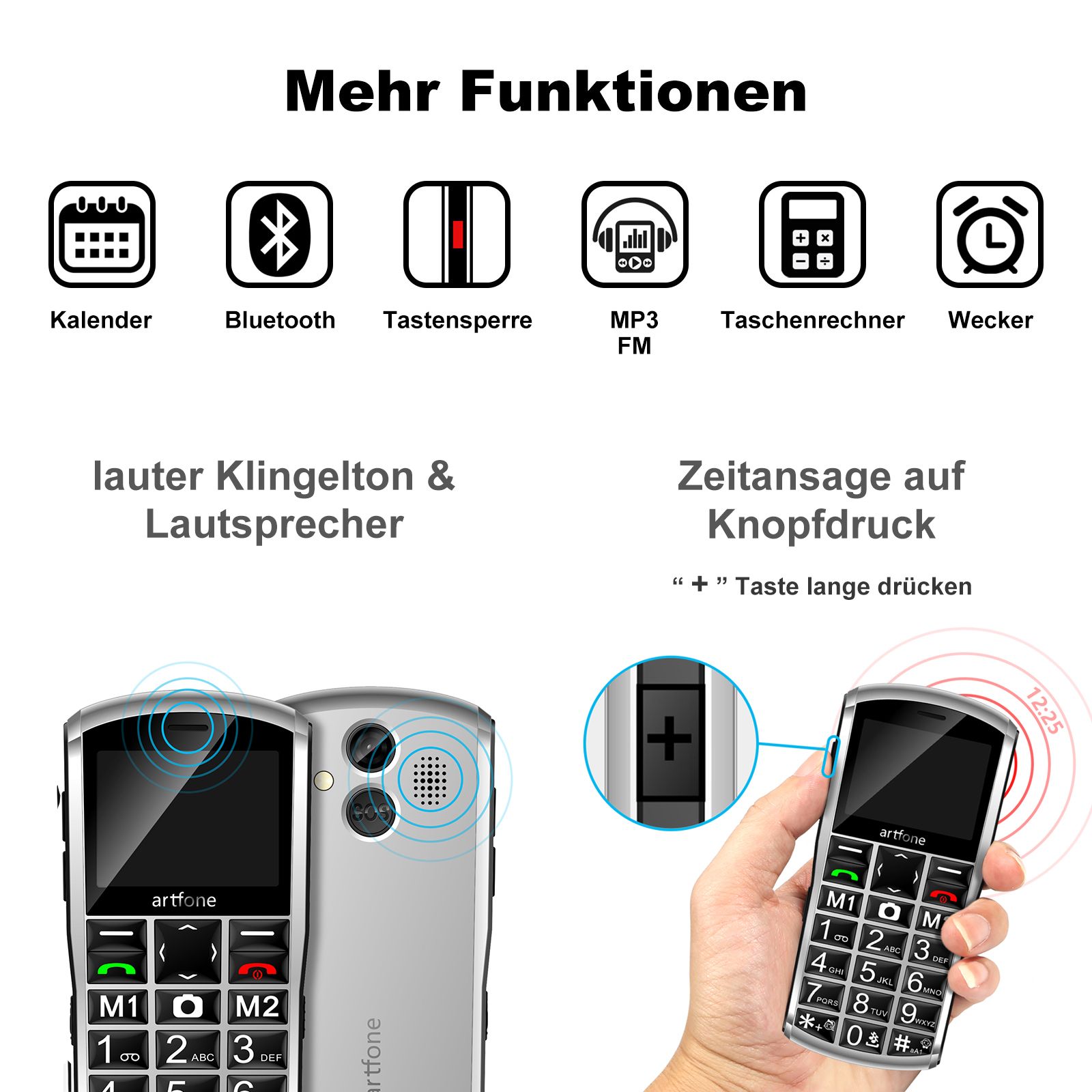 artfone A400 4G Seniorenhandy | Dual-SIM, SOS-Taste, Ladestation, Kamera, 2,4-Zoll-Display | Grau