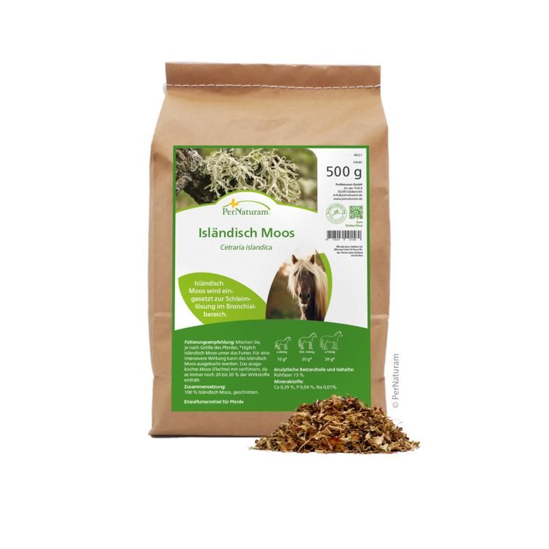 Beutel mit Produkt. Aufschrift: Isländisch Moos. Grün-weißes Etikett mit Produktabbildung und Text. Braunes Produkt liegt davor.