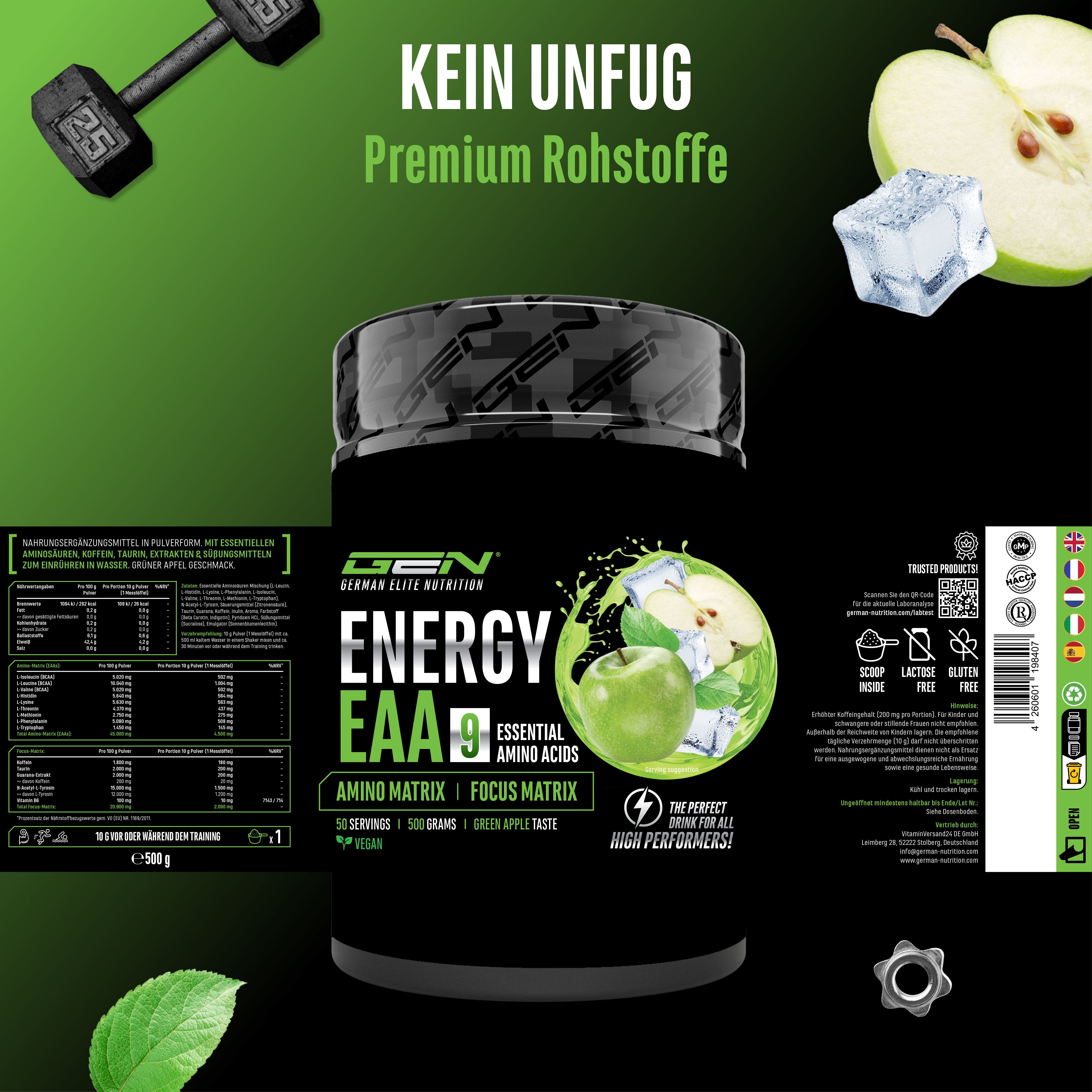 Dose "GEN Energy EAA 9". Enthält Aminosäuren. Grün-weiße Grafik mit Apfel. Vegan. Zusätzliche Informationen auf der Dose.