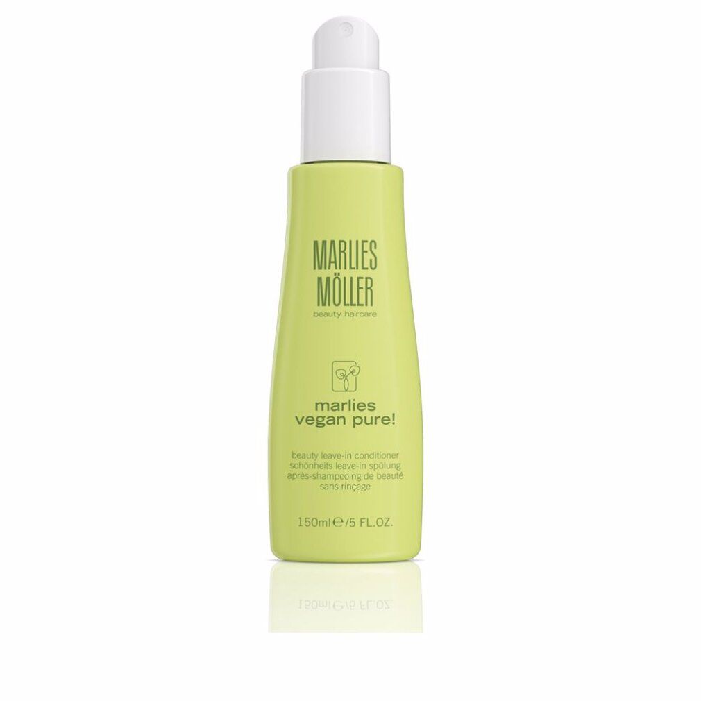 Grüne Flasche mit weißem Pumpkopf. Aufschrift: Marlies Möller Vegan Pure. Text darunter: Beauty Leave-in Conditioner.