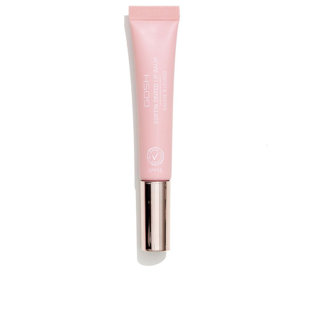 Rosa getönter Lippenbalsam-Tube. Aufschrift: GOSH Soft'n Tinted Lip Balm. Mit Vegan-Siegel.