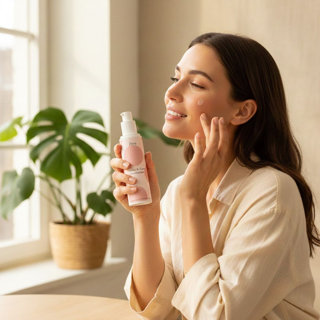 Frau hält eine Flasche Zero Skin. Sie berührt ihr Gesicht. Im Hintergrund eine Pflanze.