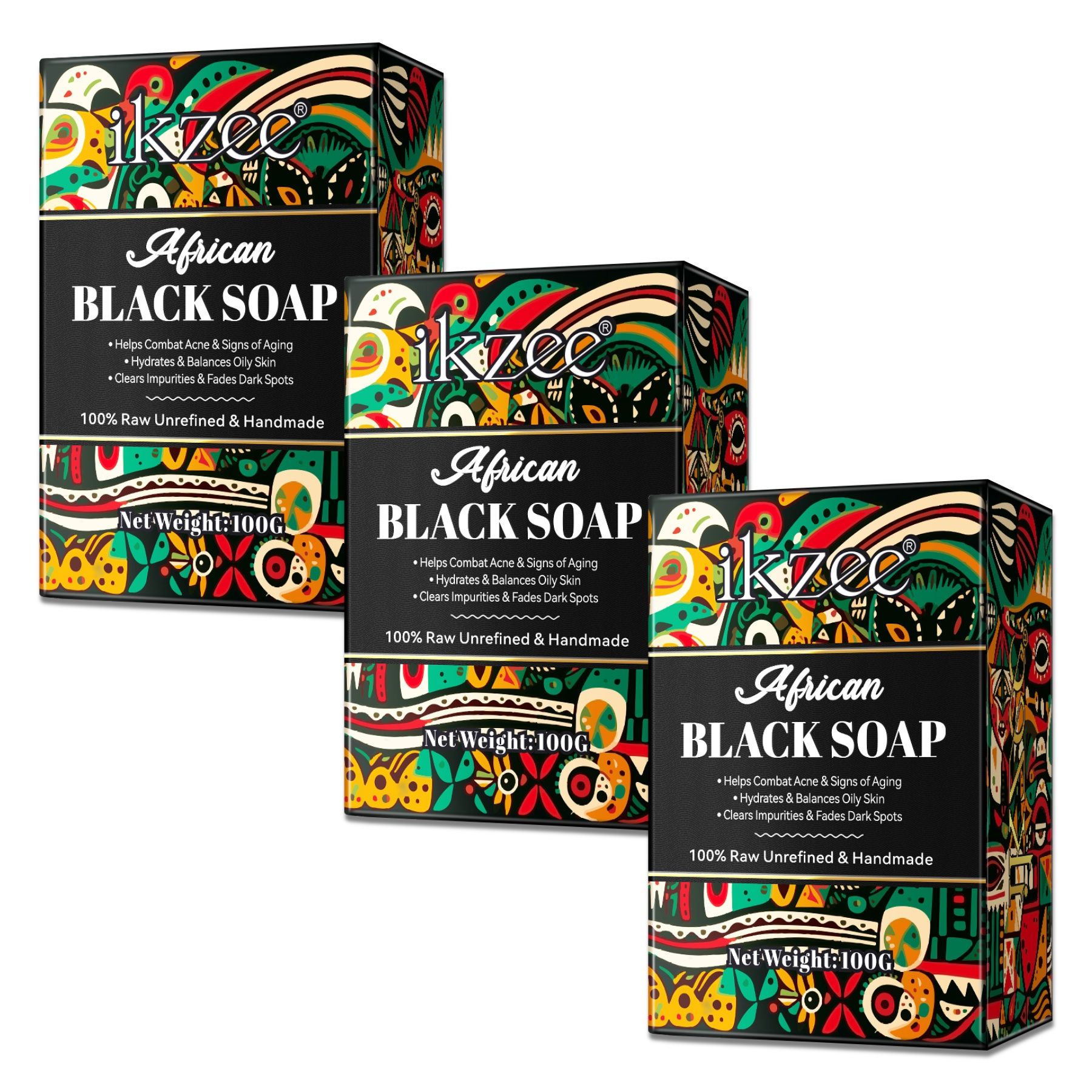 Drei Verpackungen von African Black Soap. Jede Schachtel zeigt das Produkt, den Markennamen und die Inhaltsstoffe.