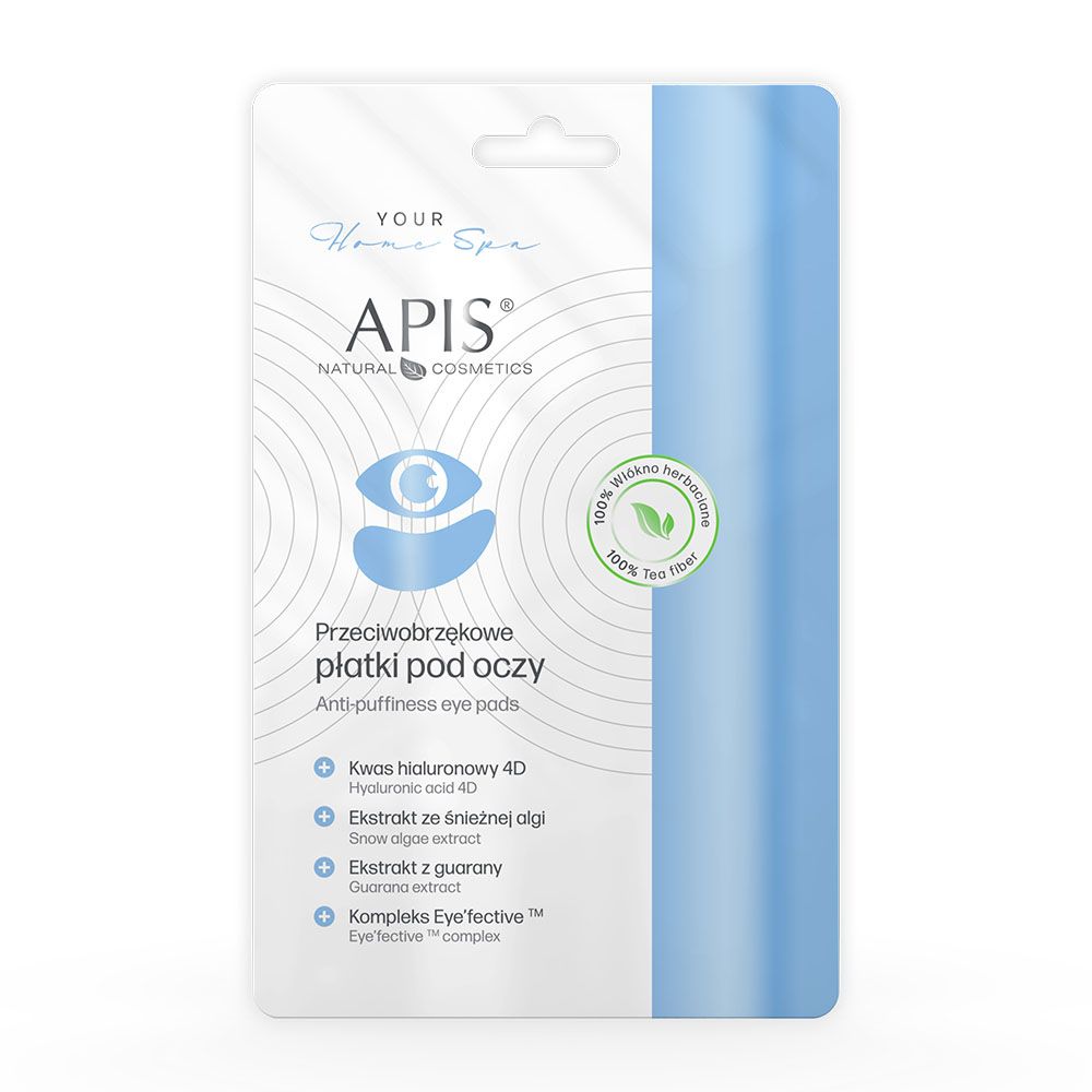 Verpackung mit Augenpads. Blaue und weiße Verpackung mit Produktinformationen und Logo.