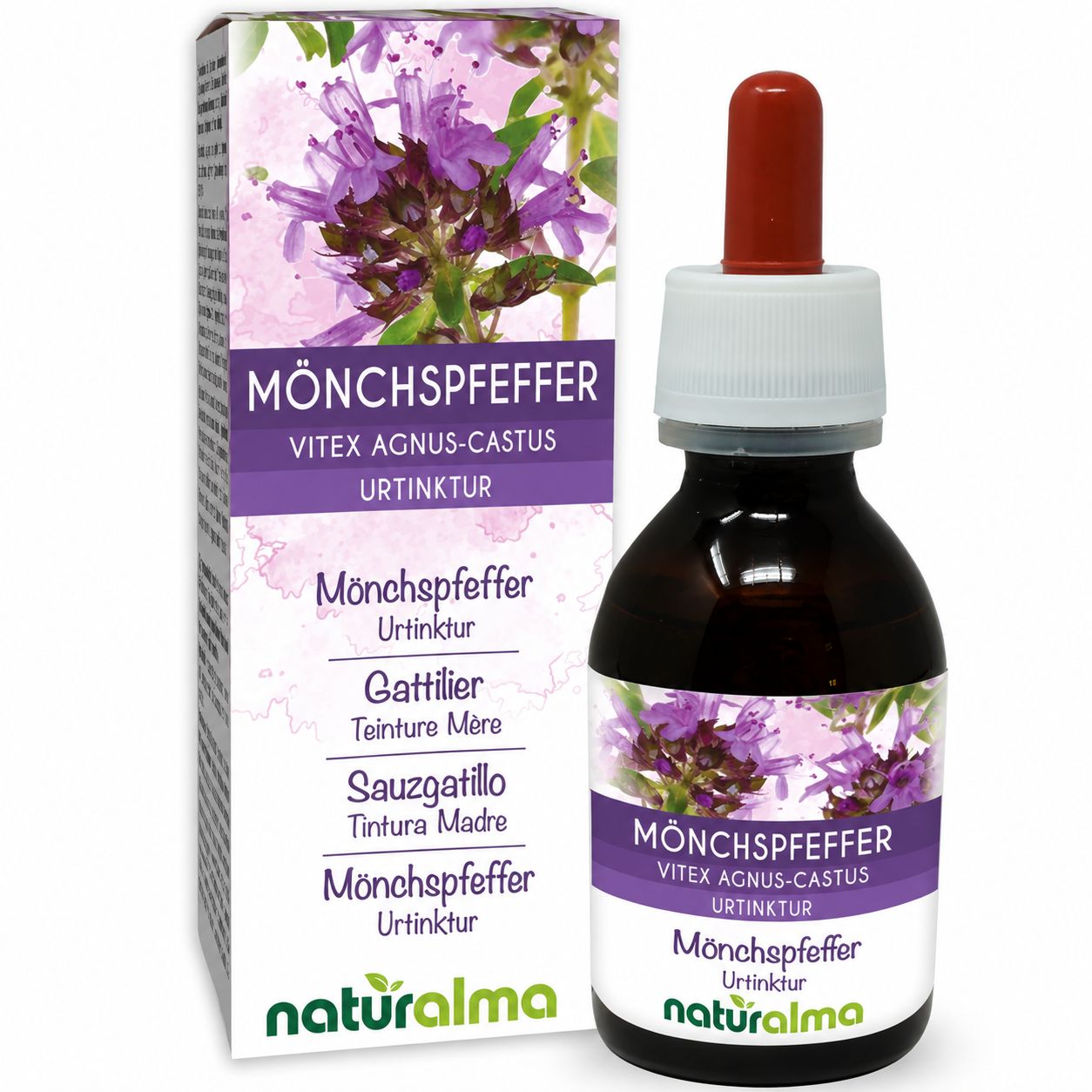 Flasche und Karton mit Mönchspfeffer-Urtinktur von naturalma.