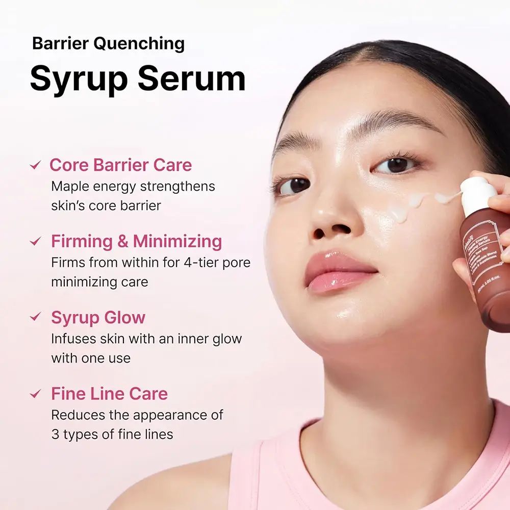 Frau hält eine braune Flasche. Text: Core Barrier Care, Firming & Minimizing, Syrup Glow, Fine Line Care.