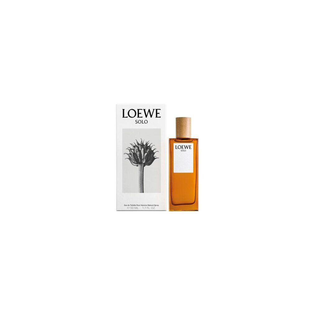 Braune Glasflasche mit Holzdeckel neben weißer Verpackung. Auf der Verpackung und Flasche steht "LOEWE SOLO".