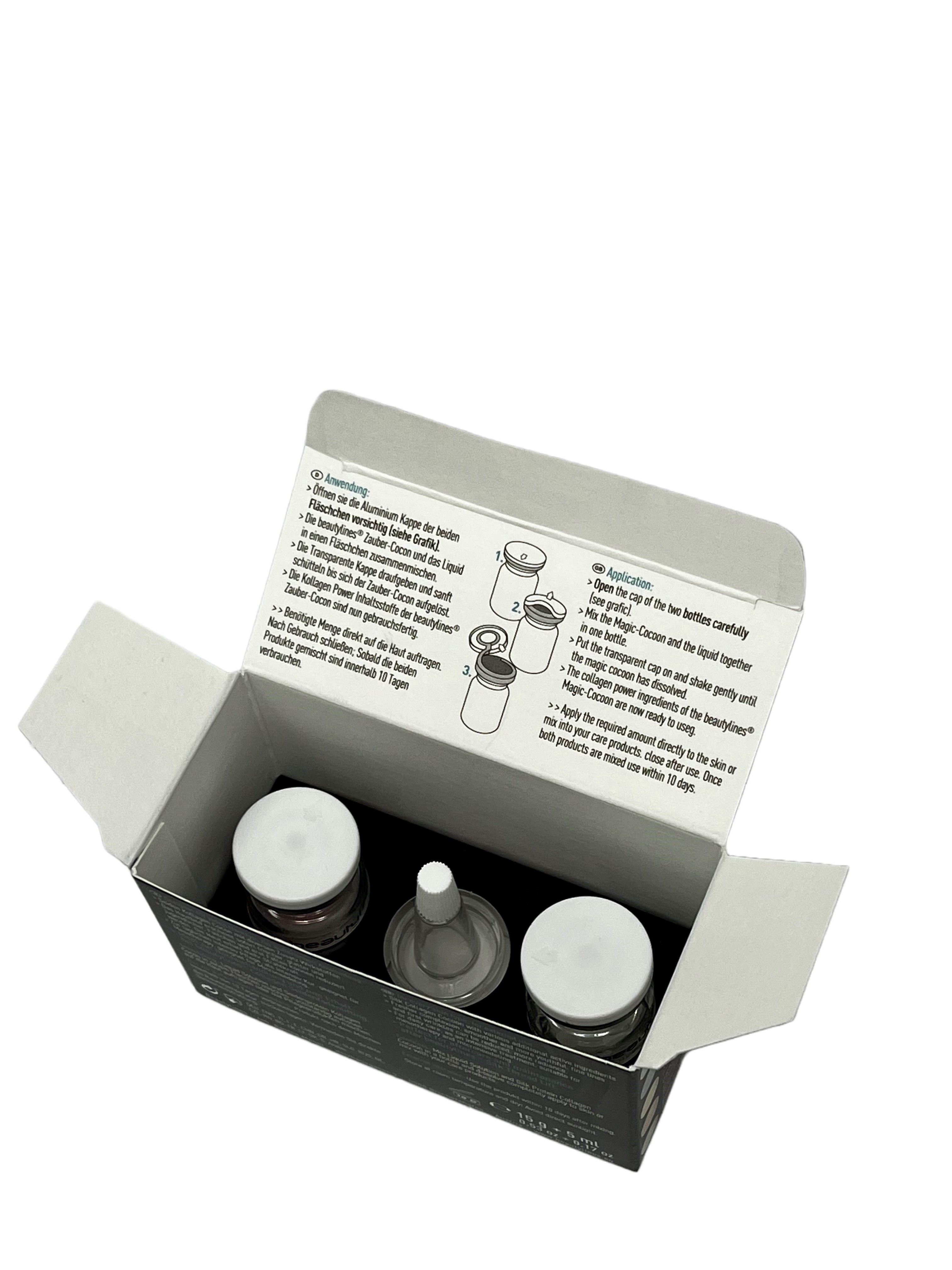 Geöffnete Verpackung mit zwei Glasflaschen und einem Trichter. Aufgedruckte Anwendungsanleitung.