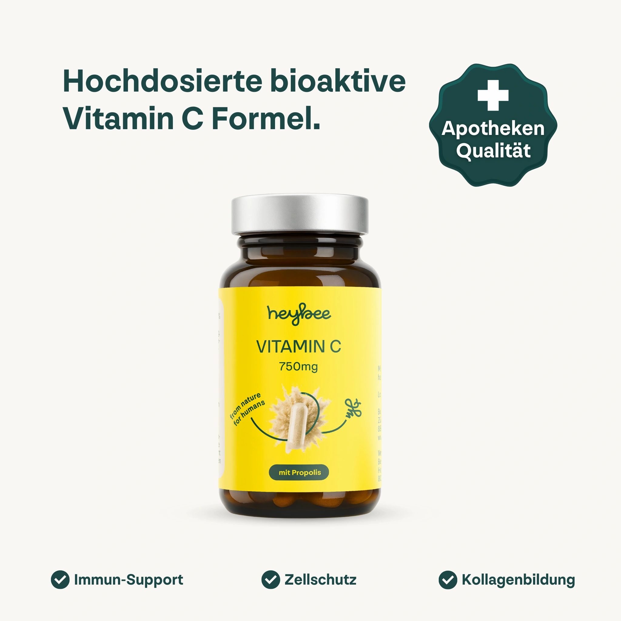Braune Glasflasche mit gelbem Etikett. Enthält Vitamin C 750mg + Propolis. Apotheken Qualität Siegel.