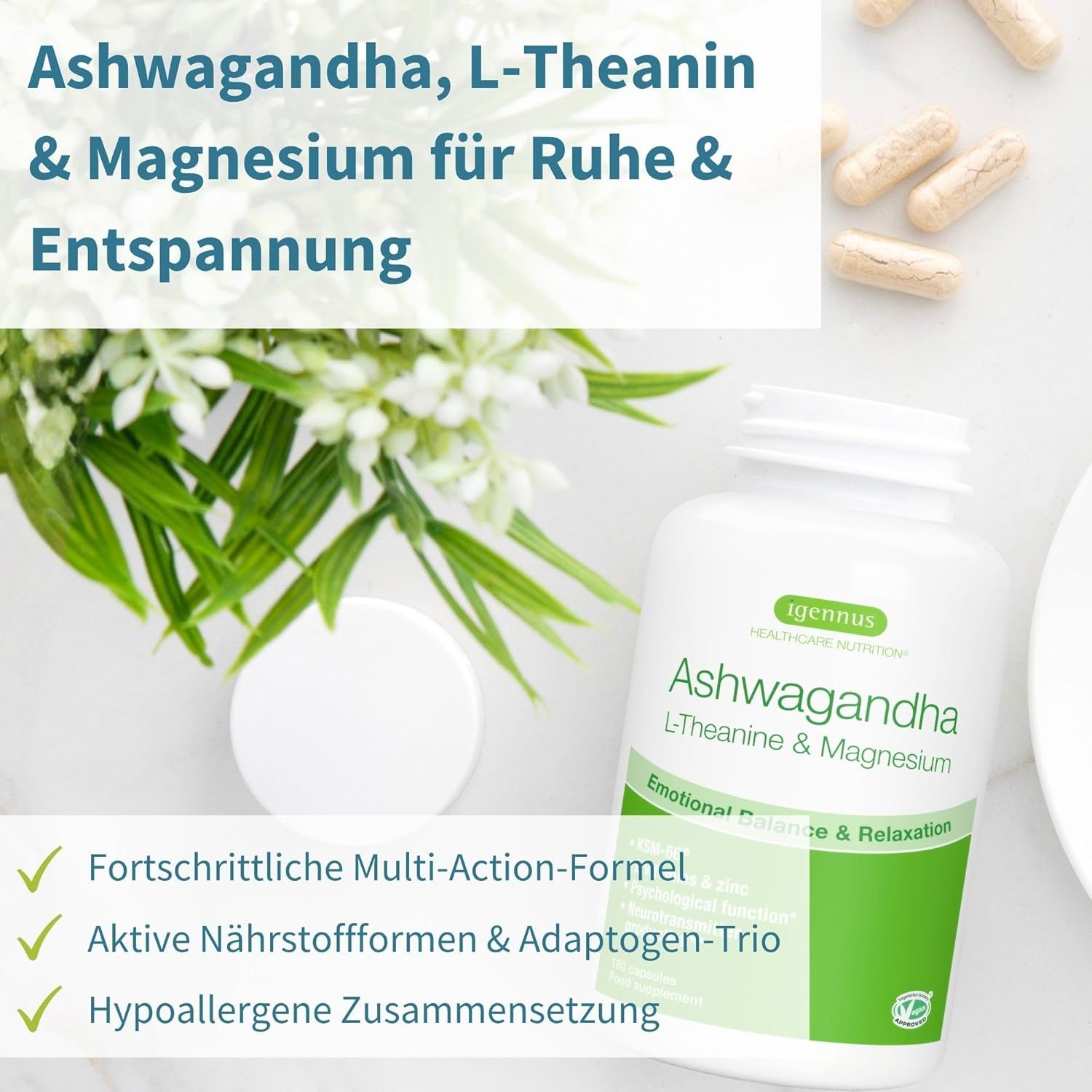 Liste hypoallergener Inhaltsstoffe mit Siegeln für vegan und vegetarisch.