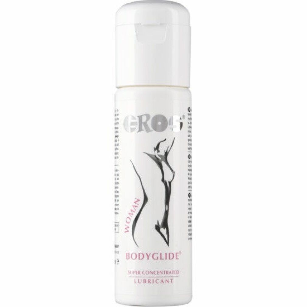 Weiße Flasche mit Klappverschluss. Aufschrift: EROS, BODYGLIDE, WOMAN, Abbildung einer Frau. Produktname und weitere Informationen.