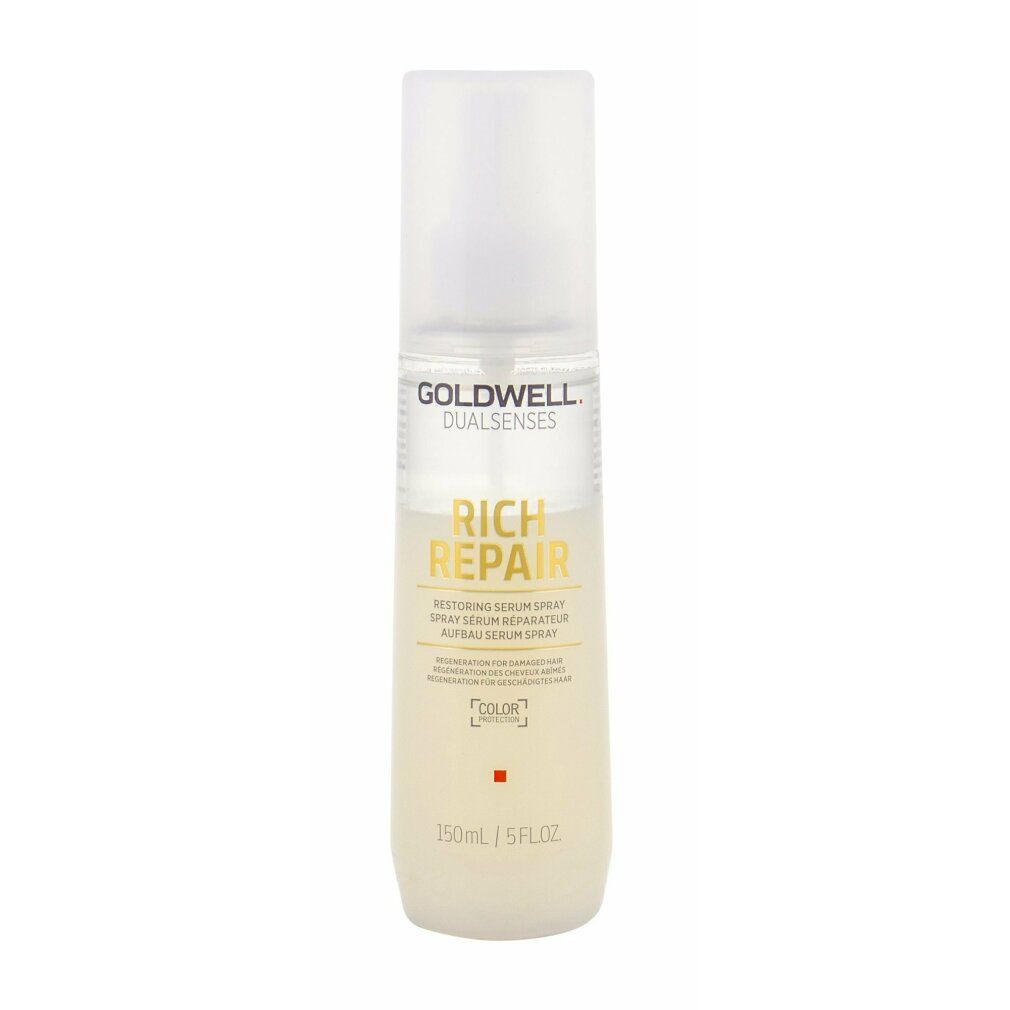 Goldwell Dualsenses Rich Repair Serum Spray. Flasche mit Sprühkopf. Text: Rich Repair, 150 ml/5 fl.oz. Farbschutz-Symbol.