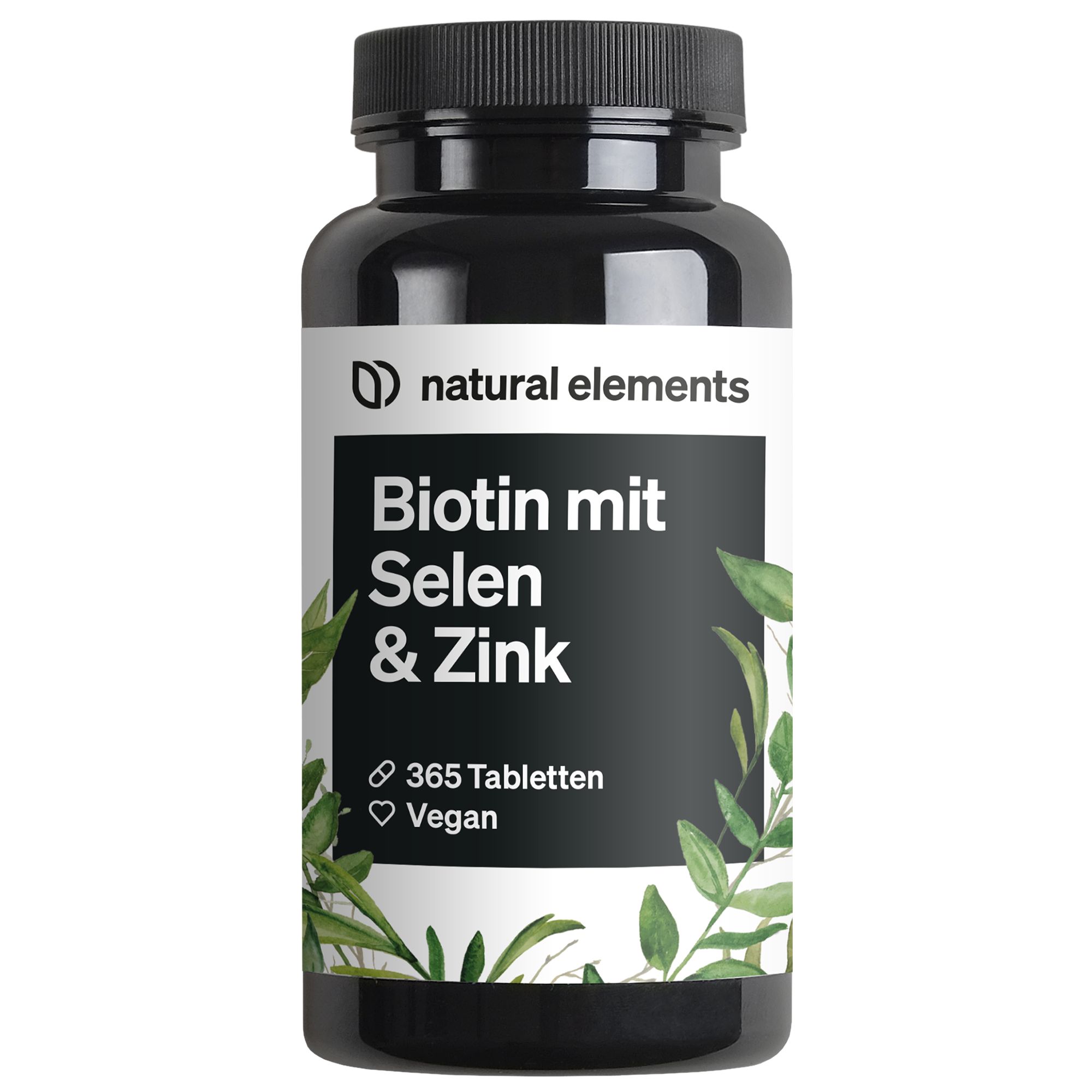 Schwarze Flasche mit weißem Etikett. Text: Biotin mit Selen & Zink, 365 Tabletten, vegan. Logo: natural elements.