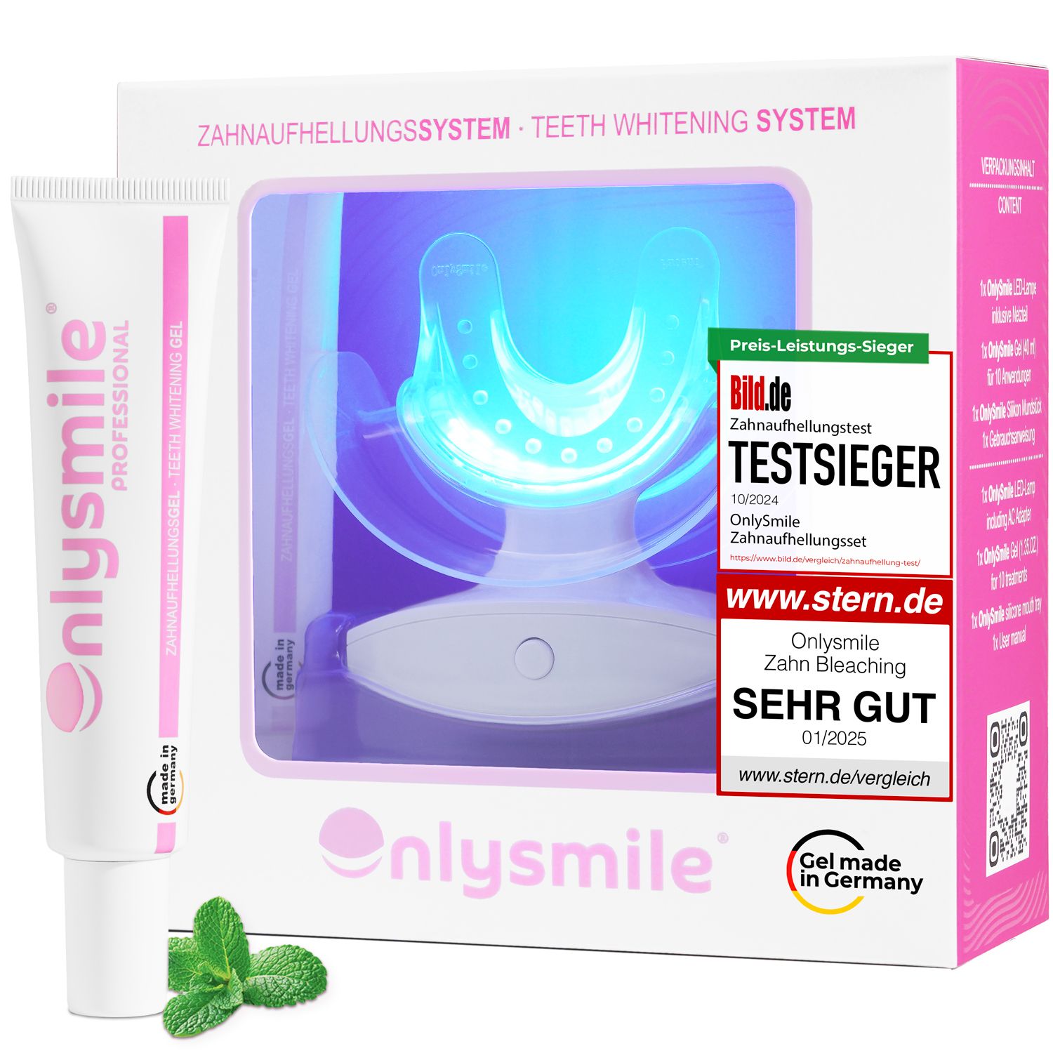 Produktverpackung. Zahnaufhellungssystem. Gel und LED-Lampe. Bild-Test-Sieger. NurSmile Logo. Made in Germany.