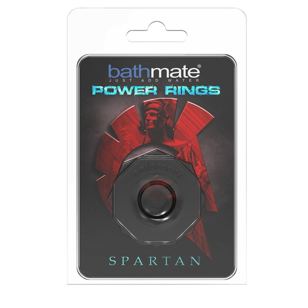 Produktverpackung mit schwarzem Ring, "bathmate POWER RINGS SPARTAN"-Logo.