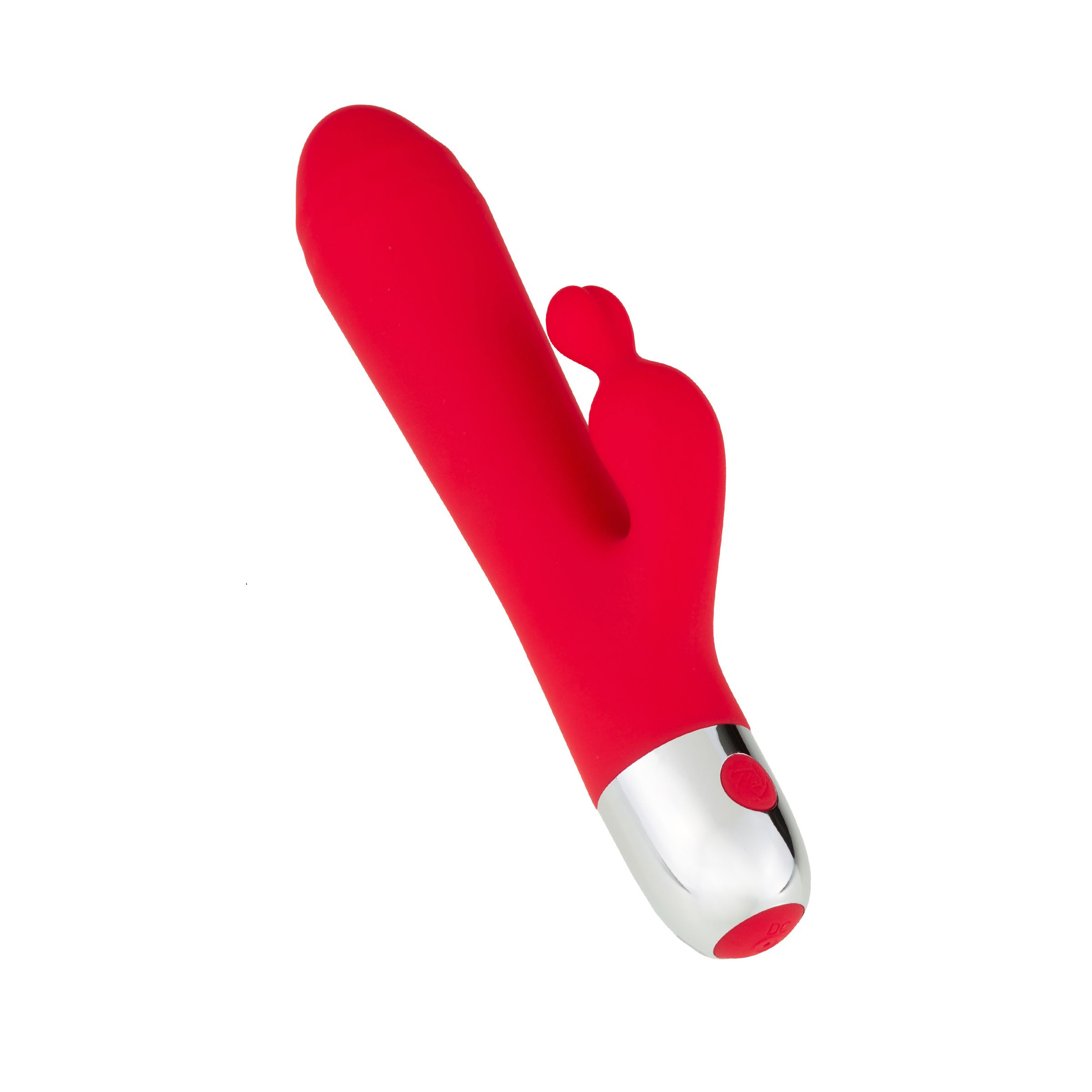 Roter Vibrator mit gebogener Spitze und silbernem Ende. Ein Knopf. Aus Silikon.
