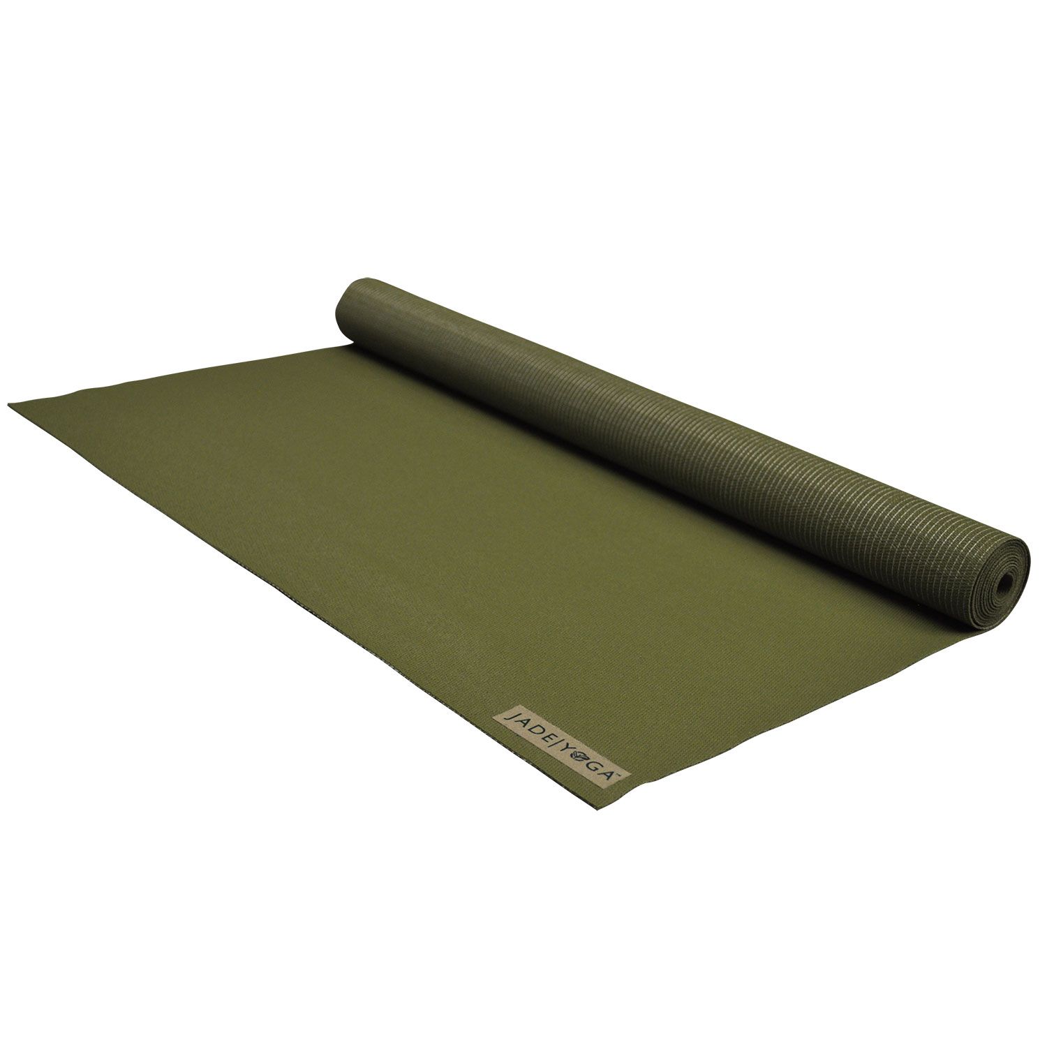 Ausgerollte, olivgrüne Yogamatte. Teilweise gerollt. Label mit JADE YOGA-Logo.