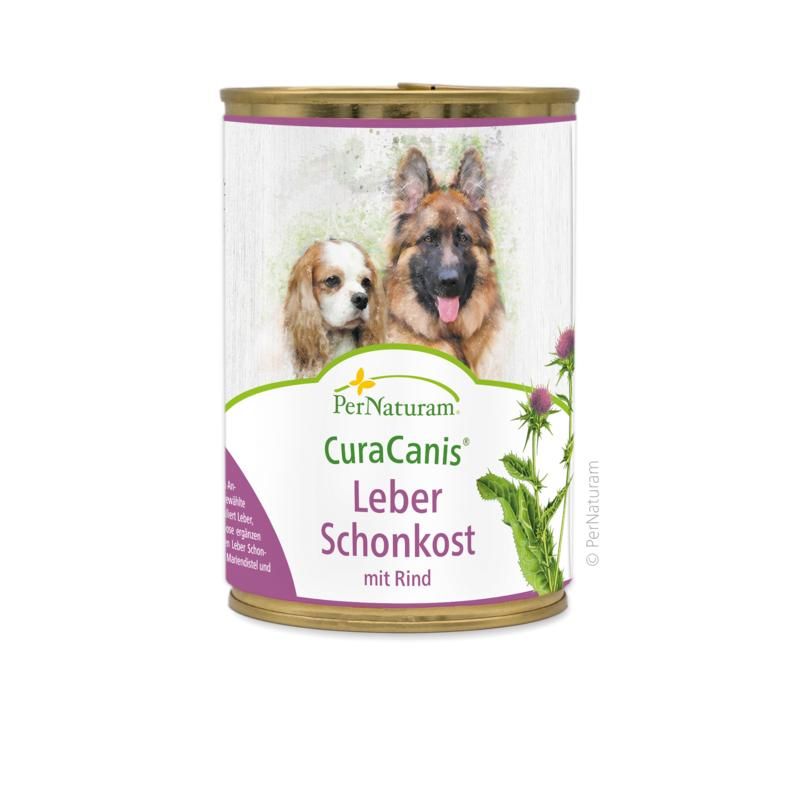 Eine Dose Tiernahrung. Aufschrift: CuraCanis Leber Schonkost mit Rind. Abbildung von Hunden.