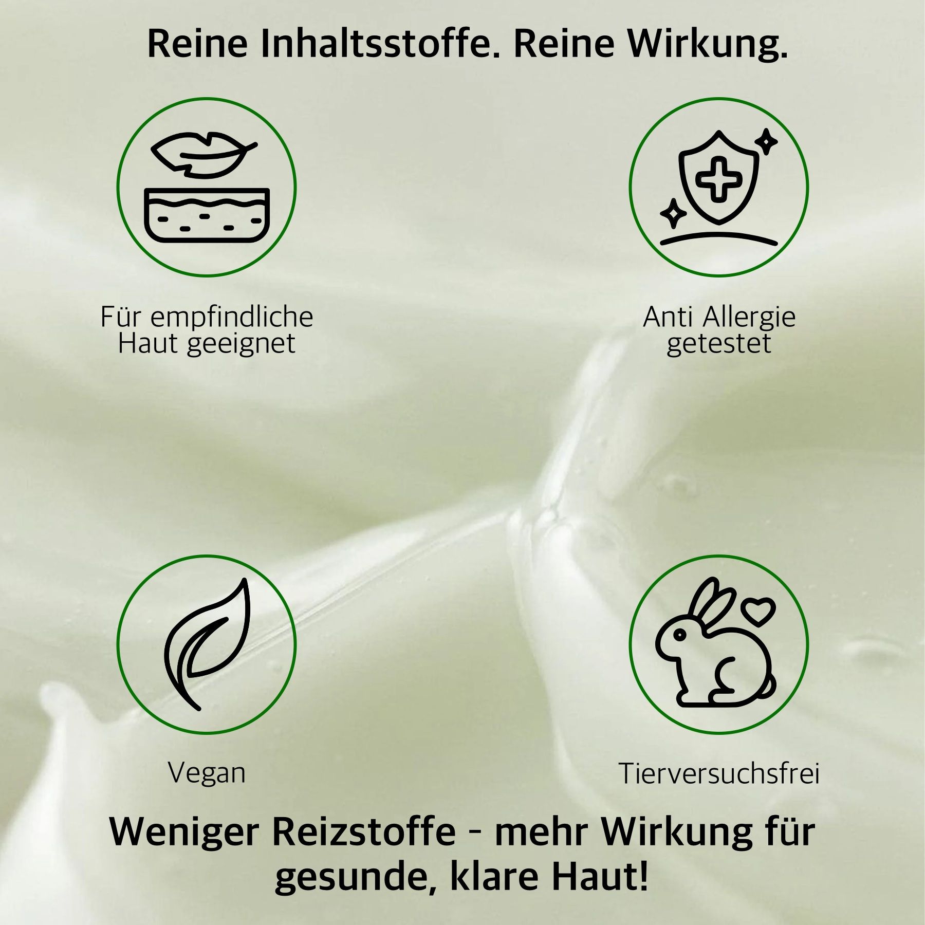 Grafik mit Icons. Für empfindliche Haut, anti-allergisch getestet, vegan, tierversuchsfrei. Text über Inhaltsstoffe.