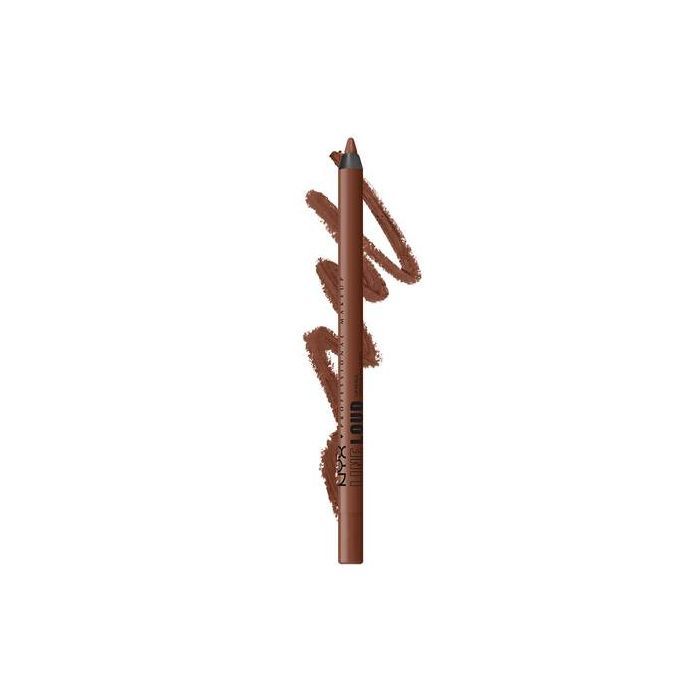 Brauner Lipliner-Stift mit Spitze und Farbabstrich. Aufschrift NYX. Auf weißem Hintergrund.