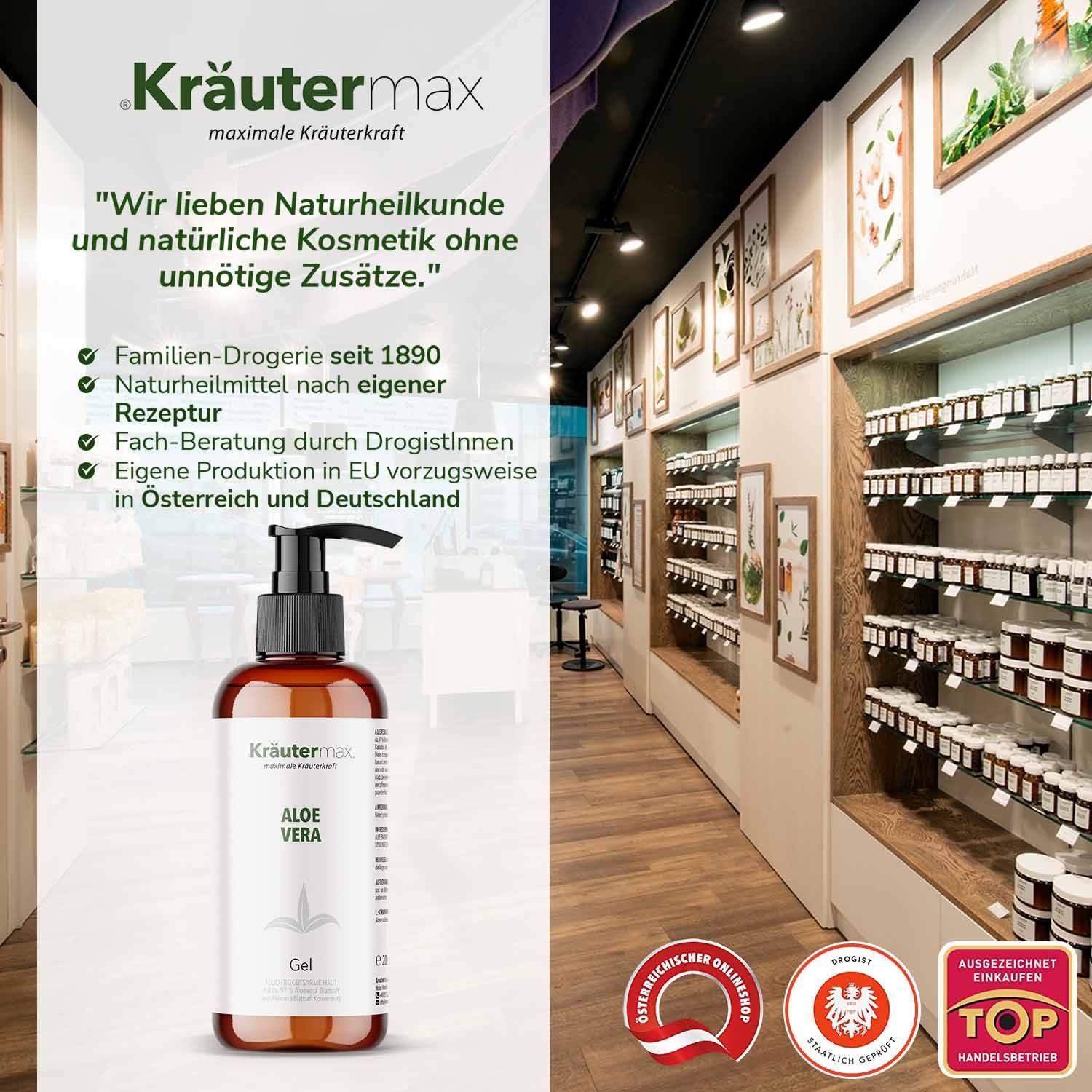 Kräutermax Aloe Vera Gel im Geschäft. Hintergrund: Apothekenregale, Auszeichnungen.