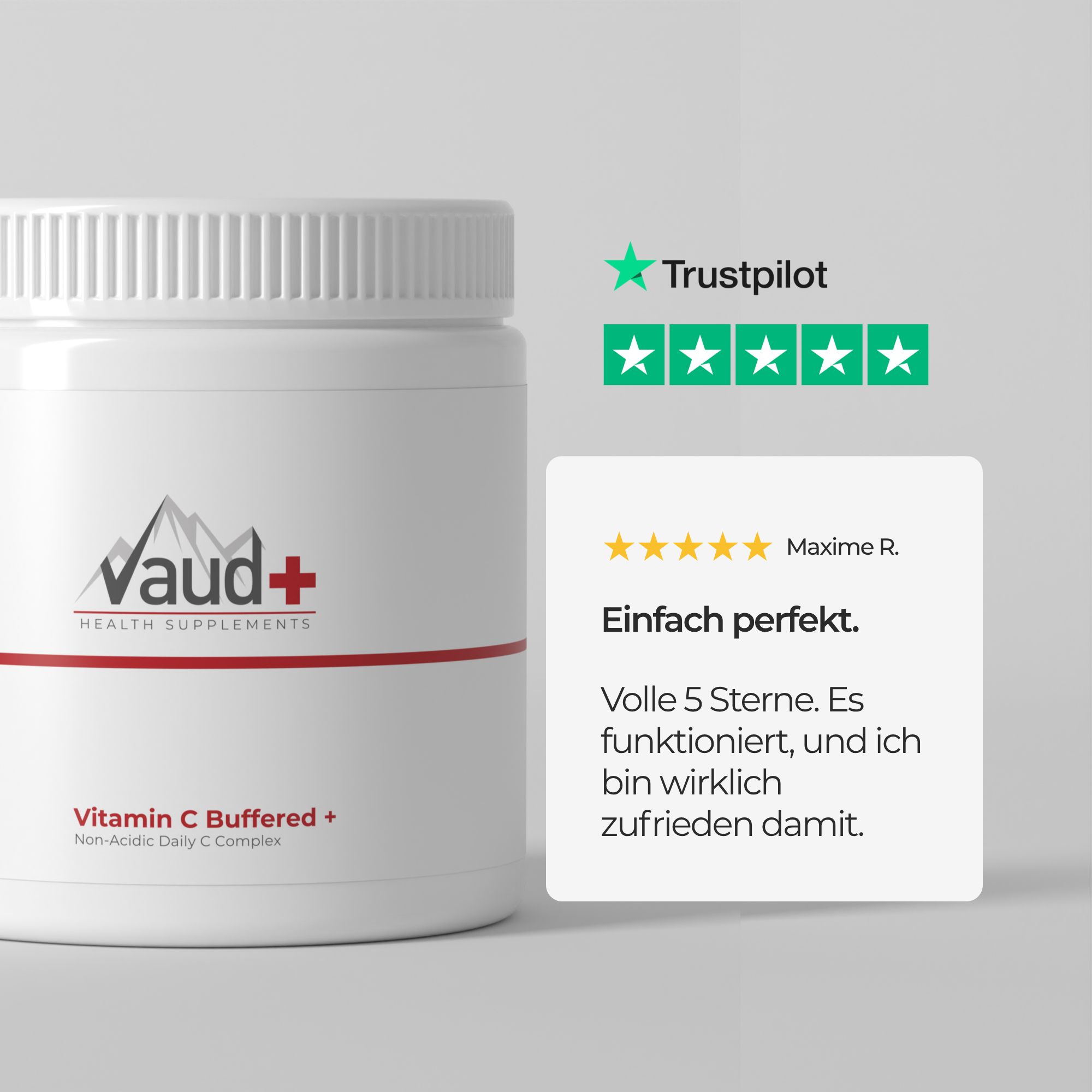 Weiße Dose mit Logo und Text. Trustpilot-Bewertung mit 5 Sternen. Text: Einfach perfekt.