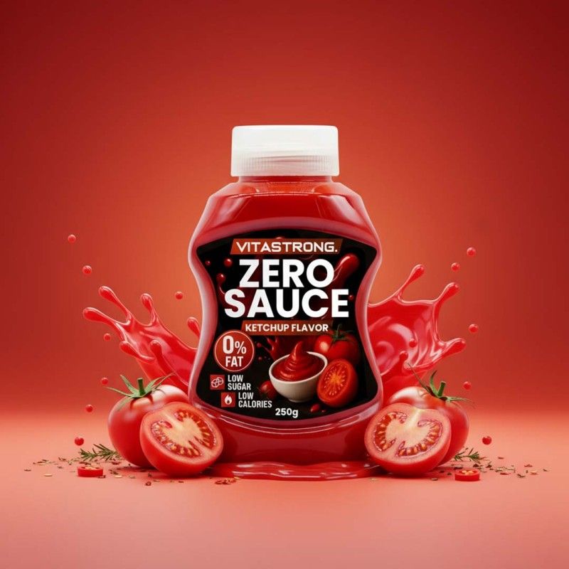Rote Flasche Vitastrong Zero Sauce Ketchup Flavor mit Tomaten und Ketchup-Spritzern. Aufschrift: 0% Fett, wenig Zucker, wenig Kalorien. 250g.