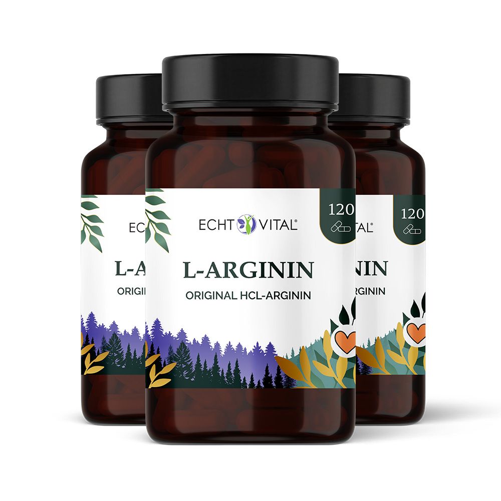 Drei braune Flaschen mit weißem Etikett. Aufschrift: Echt Vital L-Arginin. 120 Kapseln.