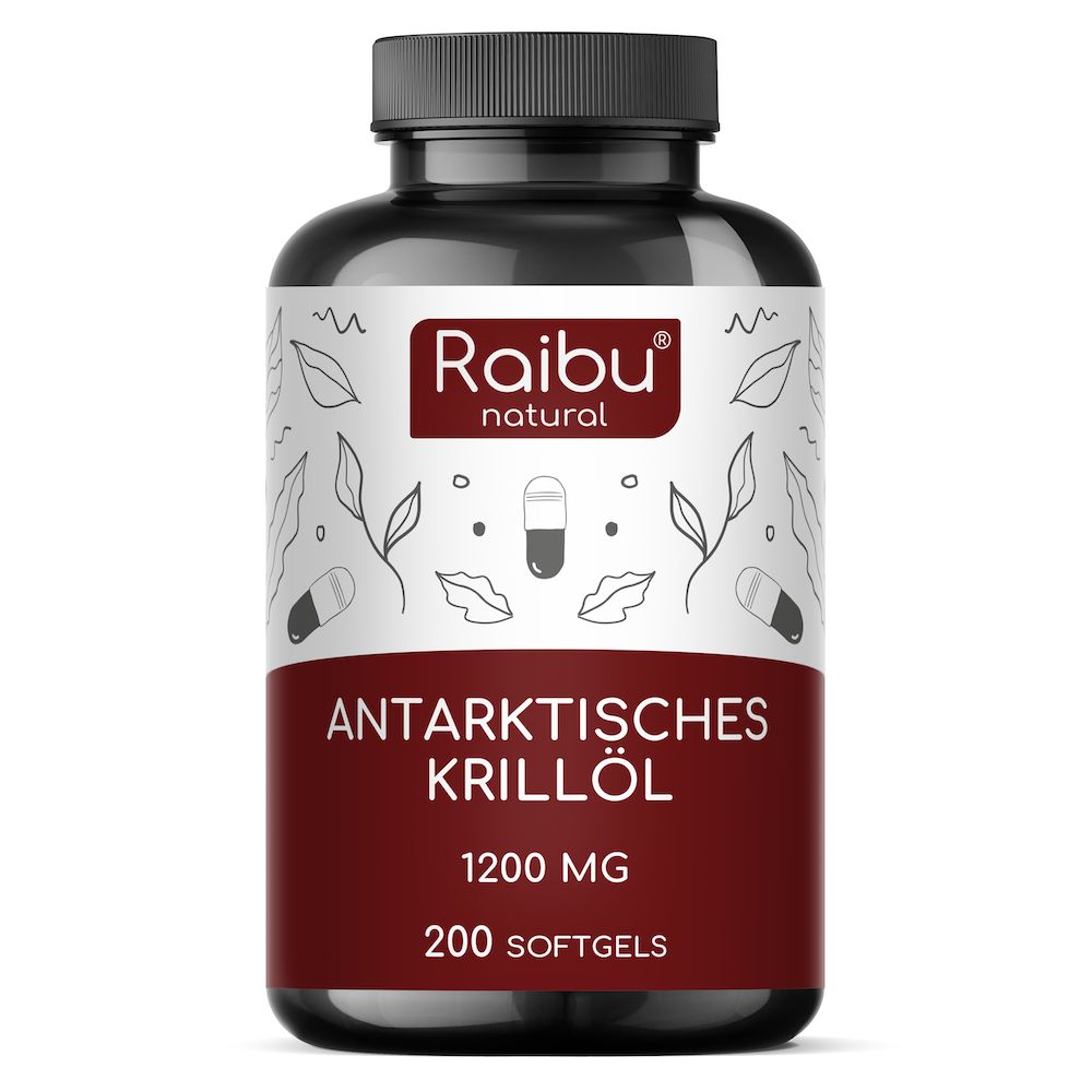 Braune Flasche mit Kapseln. Aufschrift: Antarktisches Krillöl, 1200 mg, 200 Softgels. Marke: Raibu natural.