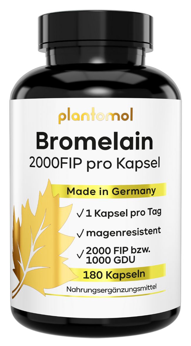 Schwarze Flasche mit weißem Etikett. Aufschrift: plantomol Bromelain 2000 FIP pro Kapsel. 180 Kapseln. Made in Germany.