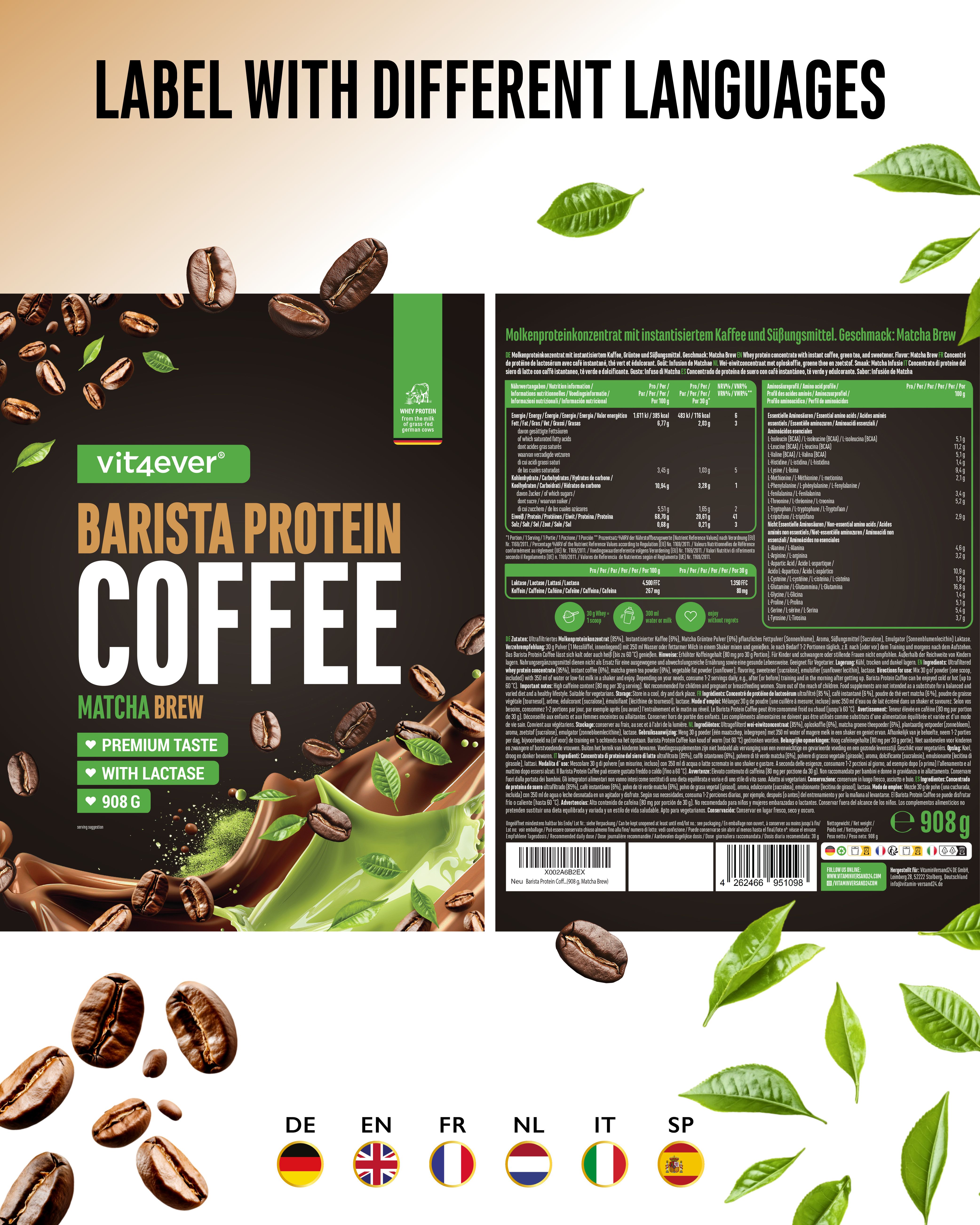 Verpackung "vit4ever Barista Protein Coffee Matcha Brew" mit verschiedenen Sprachversionen. Enthält Informationen und Logos.