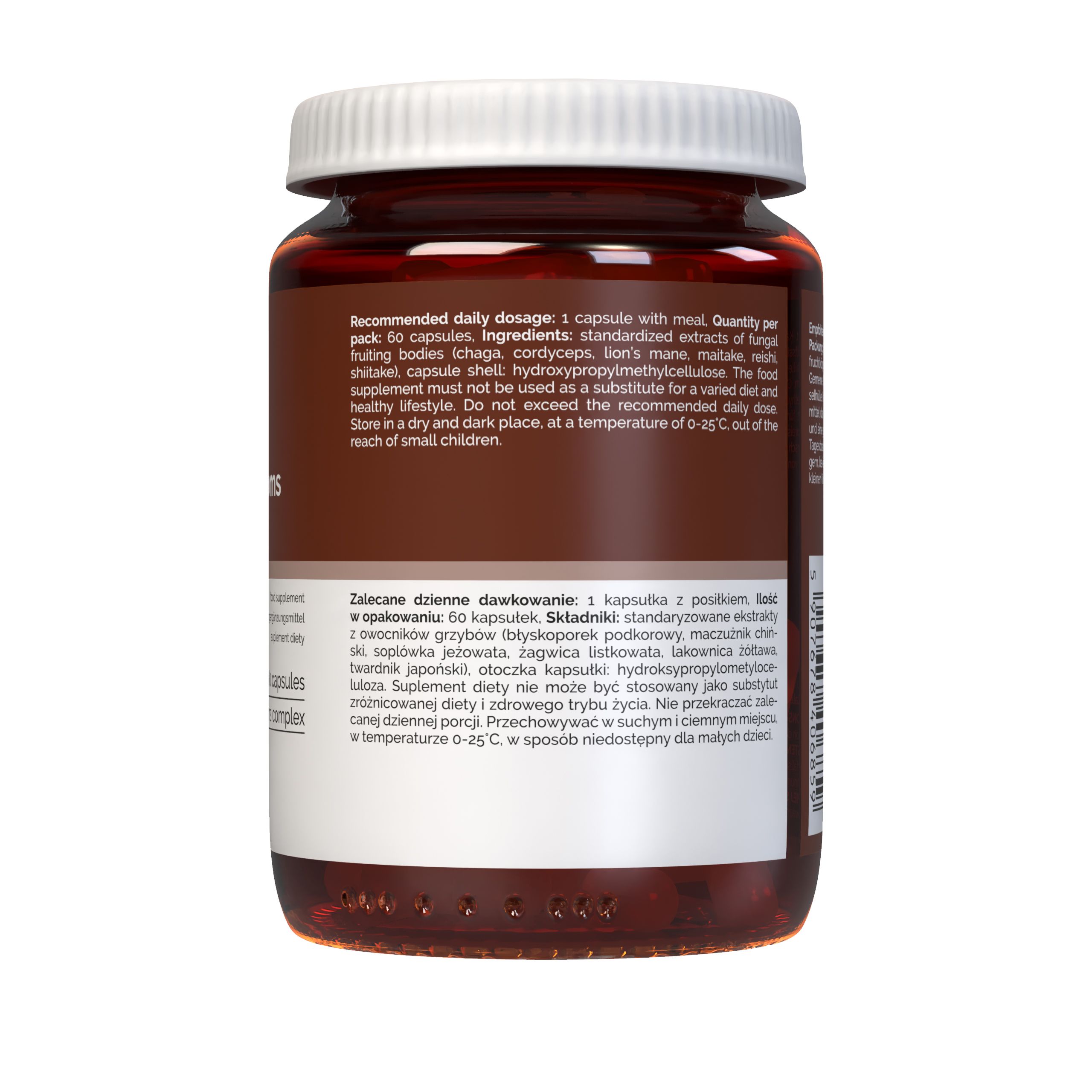 Rückseite der Vitaler’s Vital Mushrooms Komplex Dose mit detaillierten Anwendungshinweisen und Inhaltsstoffen in mehreren Sprachen.