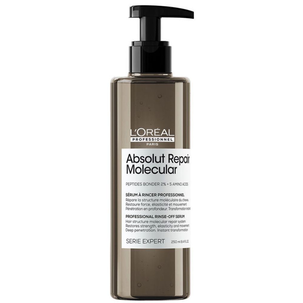 Braune Flasche mit schwarzem Pumpkopf. Aufschrift: L'Oréal Professionnel, Absolut Repair Molecular. Produktname und weitere Informationen.