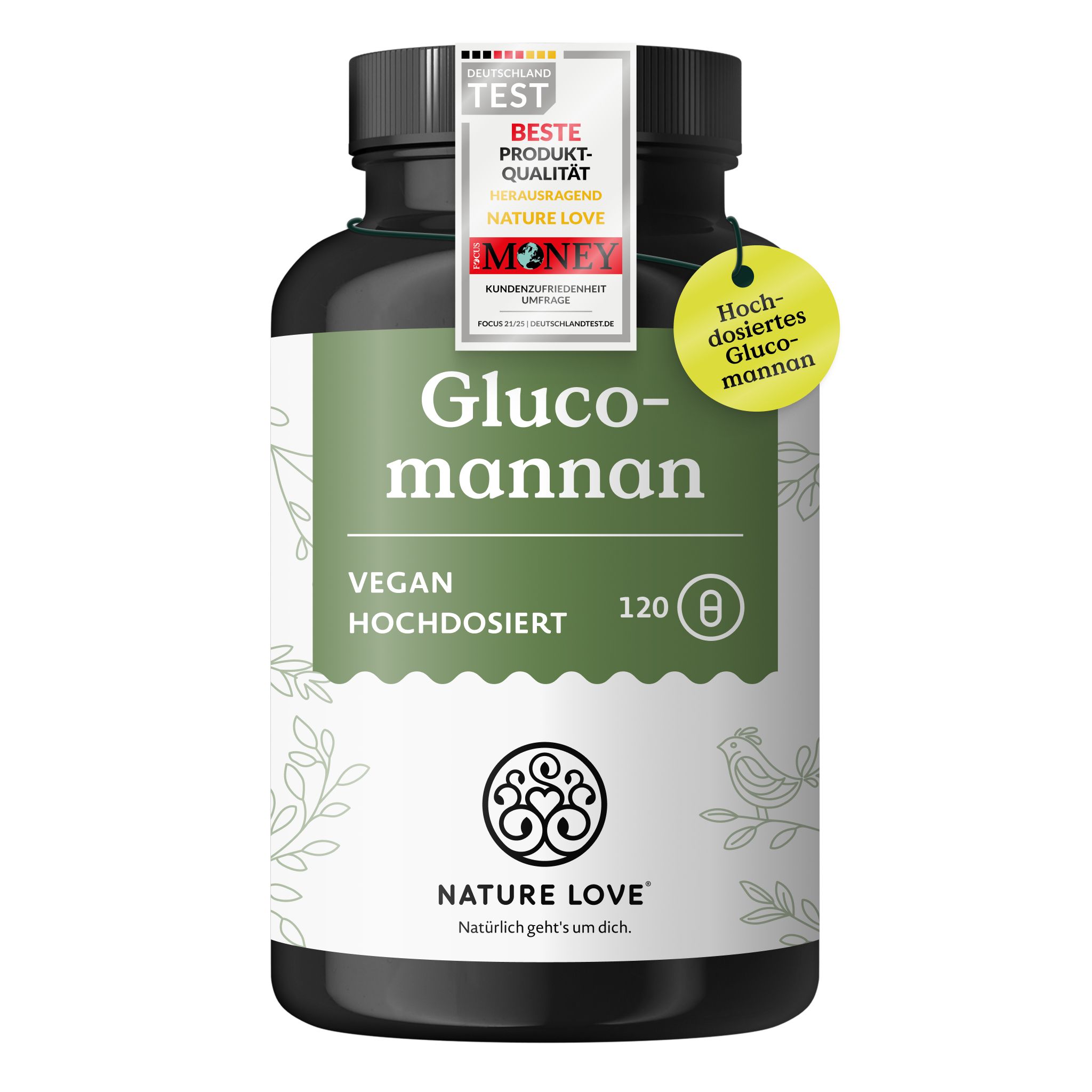 Flasche mit NATURE LOVE Glucomannan Kapseln, mit Siegeln für beste Produktqualität.