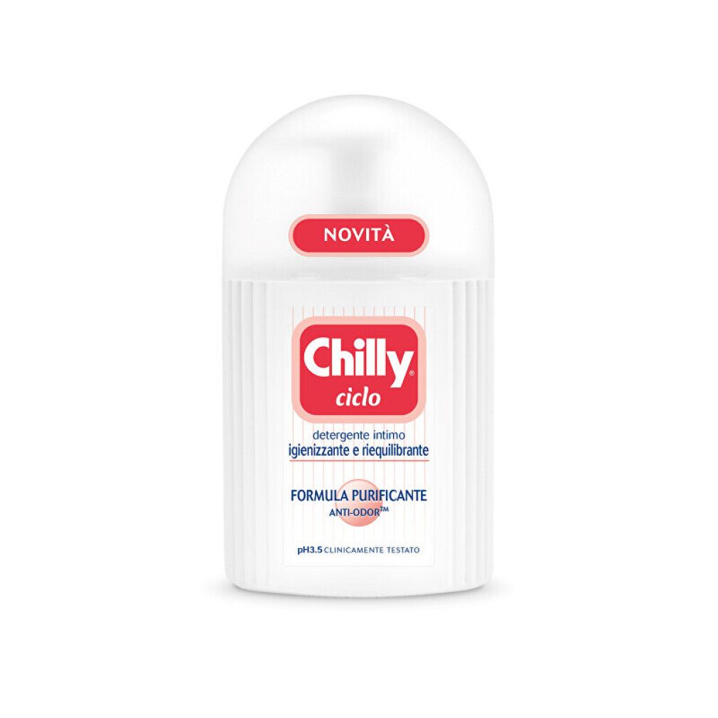 Weiße Flasche mit rotem Etikett. Aufschrift "Chilly ciclo", "Detergente intimo", "Formula purificante".