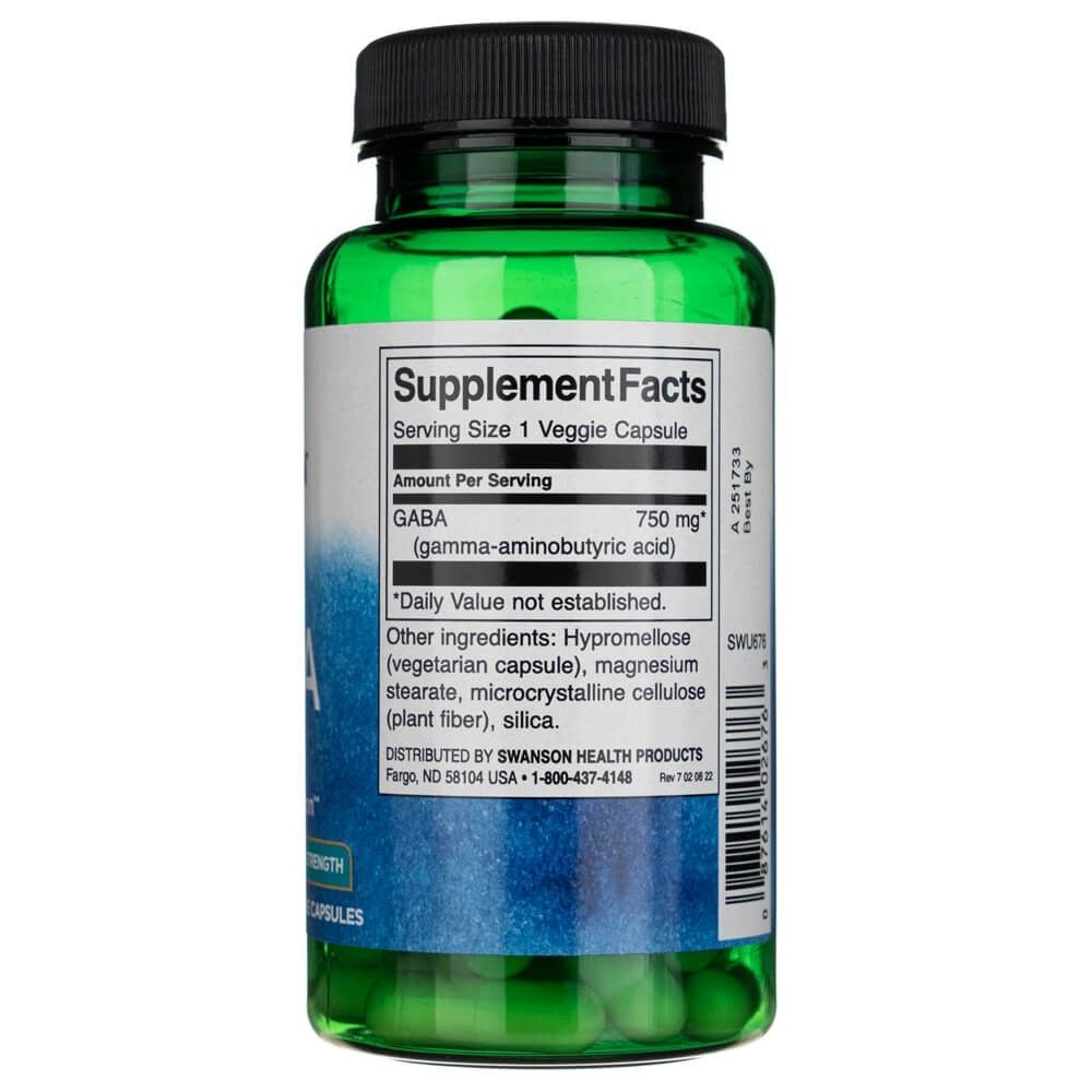 Rückseite der Swanson GABA 750 mg Flasche mit Nährwertangaben und Inhaltsstoffen.