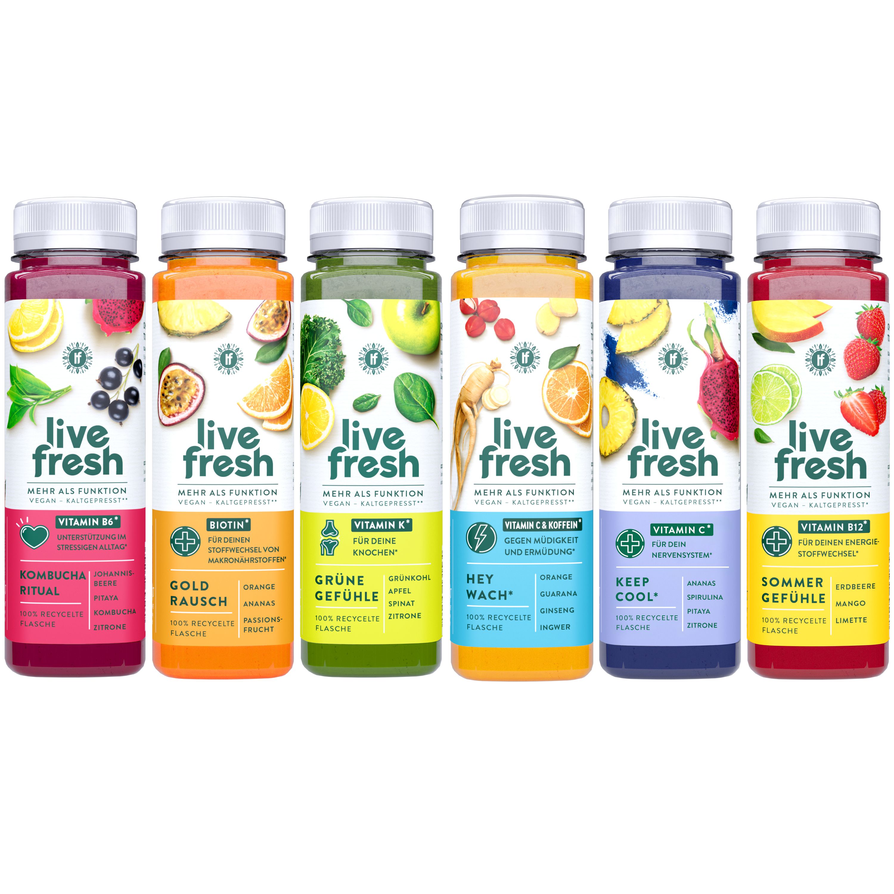 Sechs Flaschen Live Fresh Vitamin Säfte im Probierpaket.