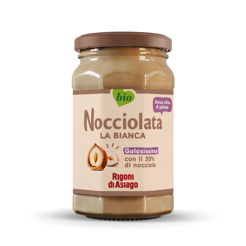 Glas mit Nuss-Aufstrich. Auf dem Etikett steht "Nocciolata La Bianca" und "Rigoni di Asiago". Bio-Siegel.