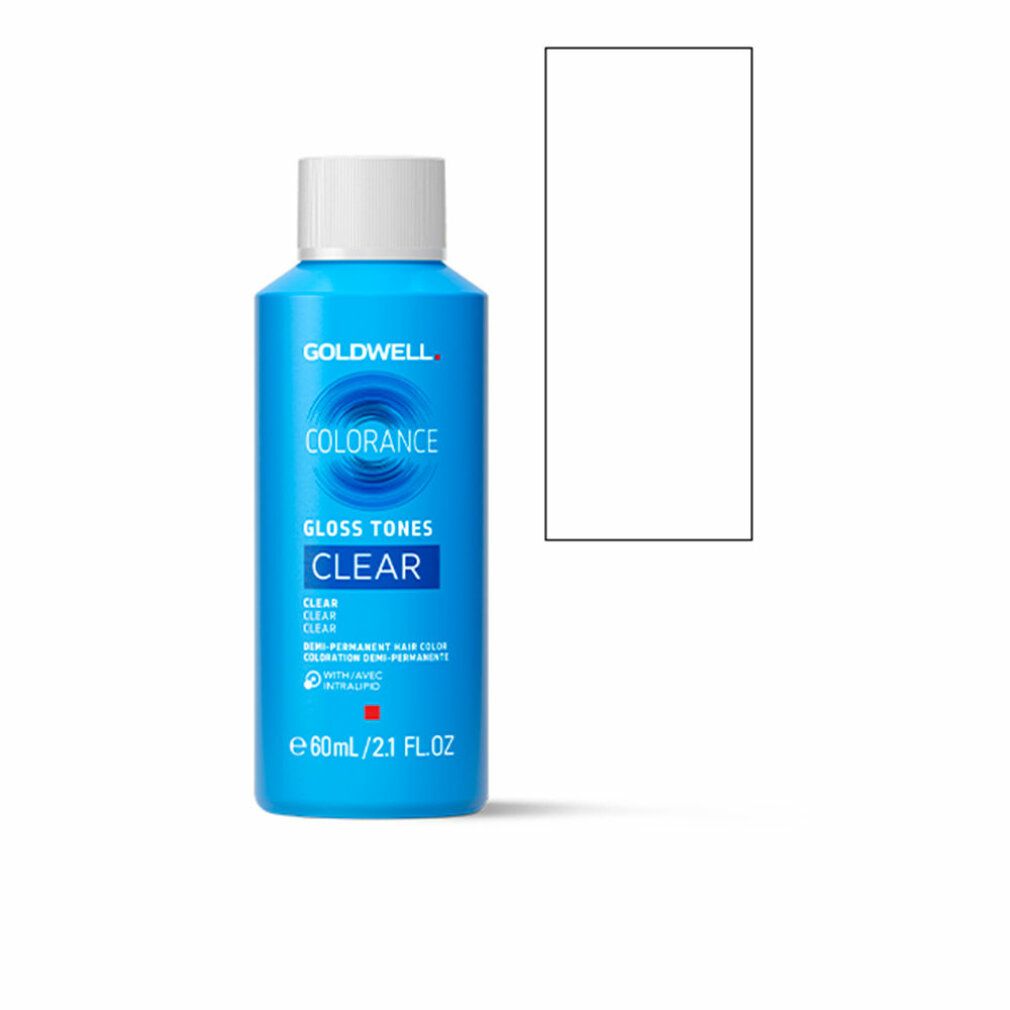 Blau-weiße Flasche mit Produktbezeichnung: Colorance Gloss Tones Clear. Text: Goldwell, semi-permanente Haarfarbe.