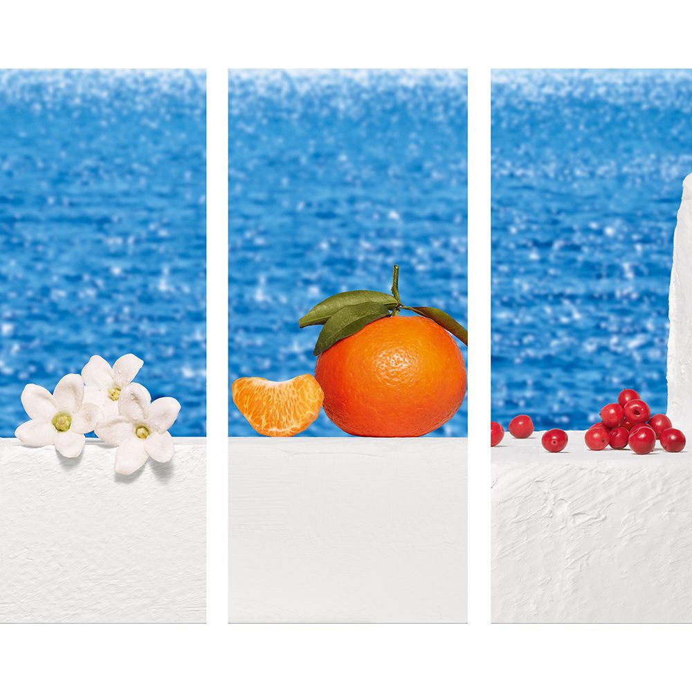 Drei weiße Flächen mit Blüten, Orange und Beeren vor blauem Hintergrund.