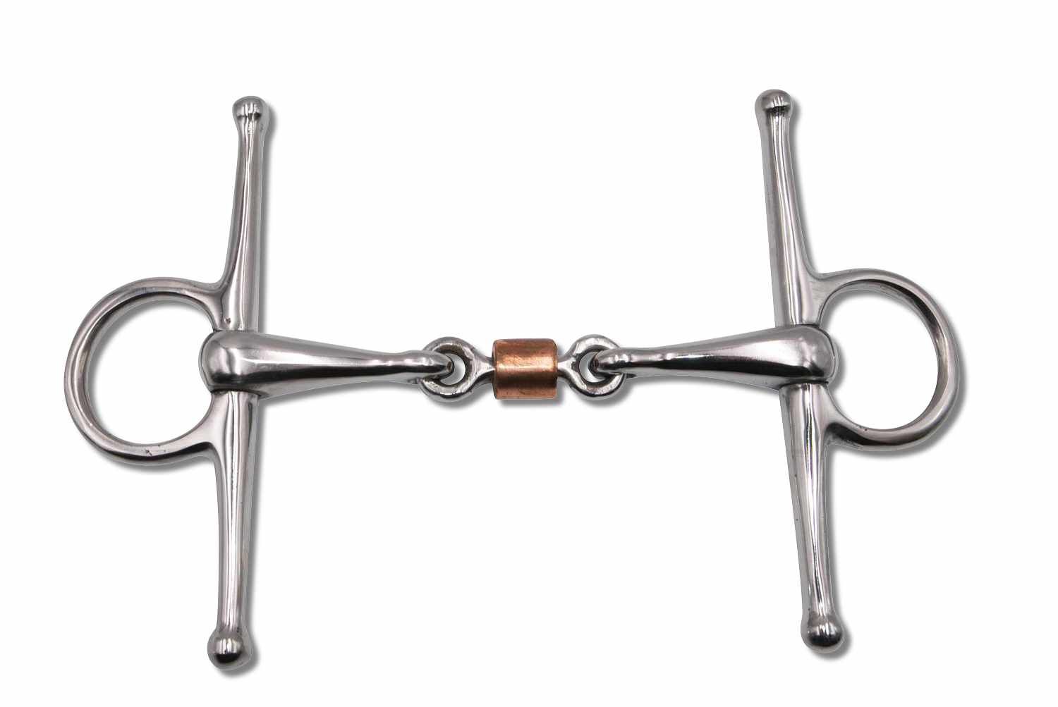 Knebeltrense aus Metall mit Kupferrolle. Ringe und Schenkel. Detailansicht.