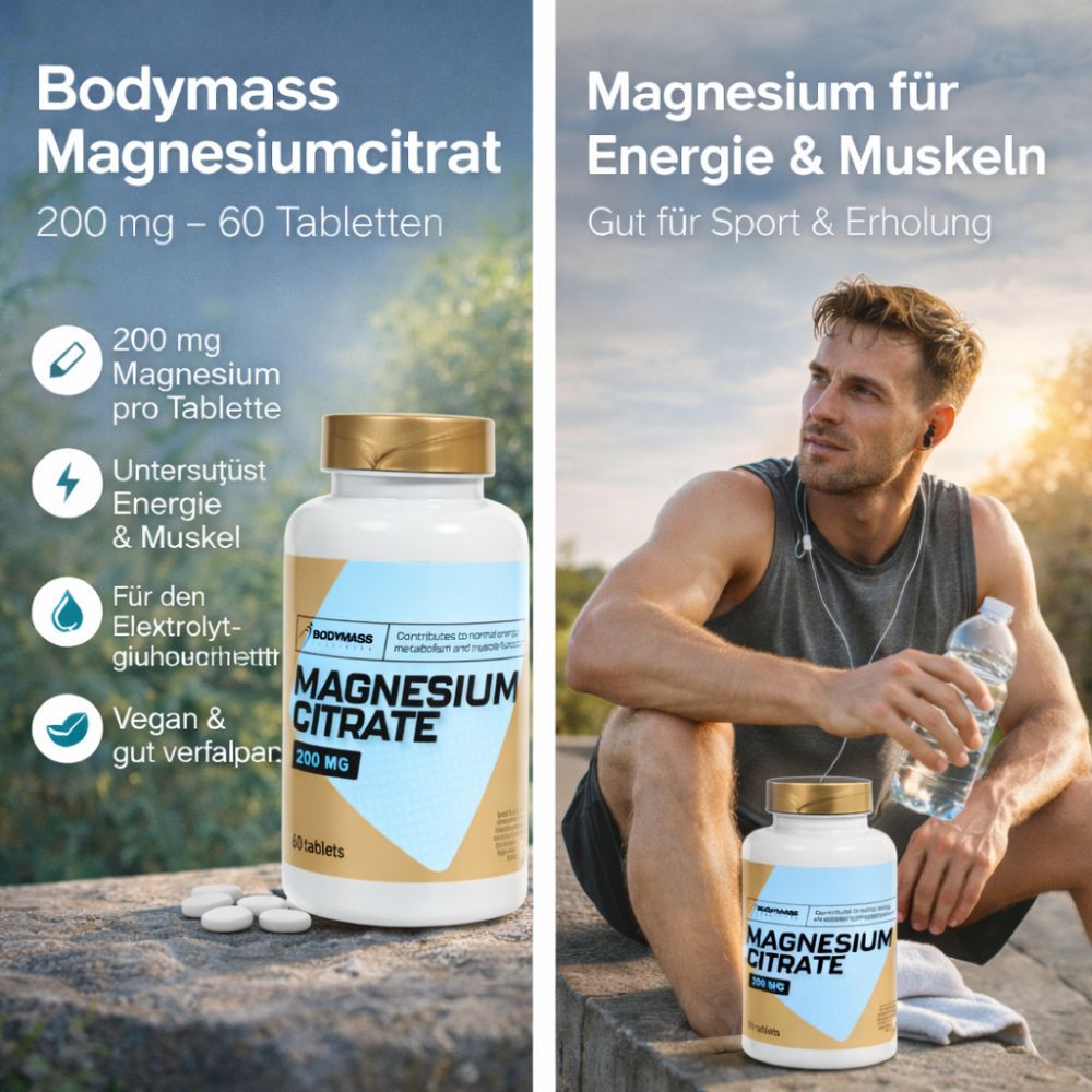 Zwei Bilder. Links: Flasche Bodymass Magnesiumcitrat, 200 mg. Rechts: Mann mit Flasche, Text: Magnesium für Energie & Muskeln.