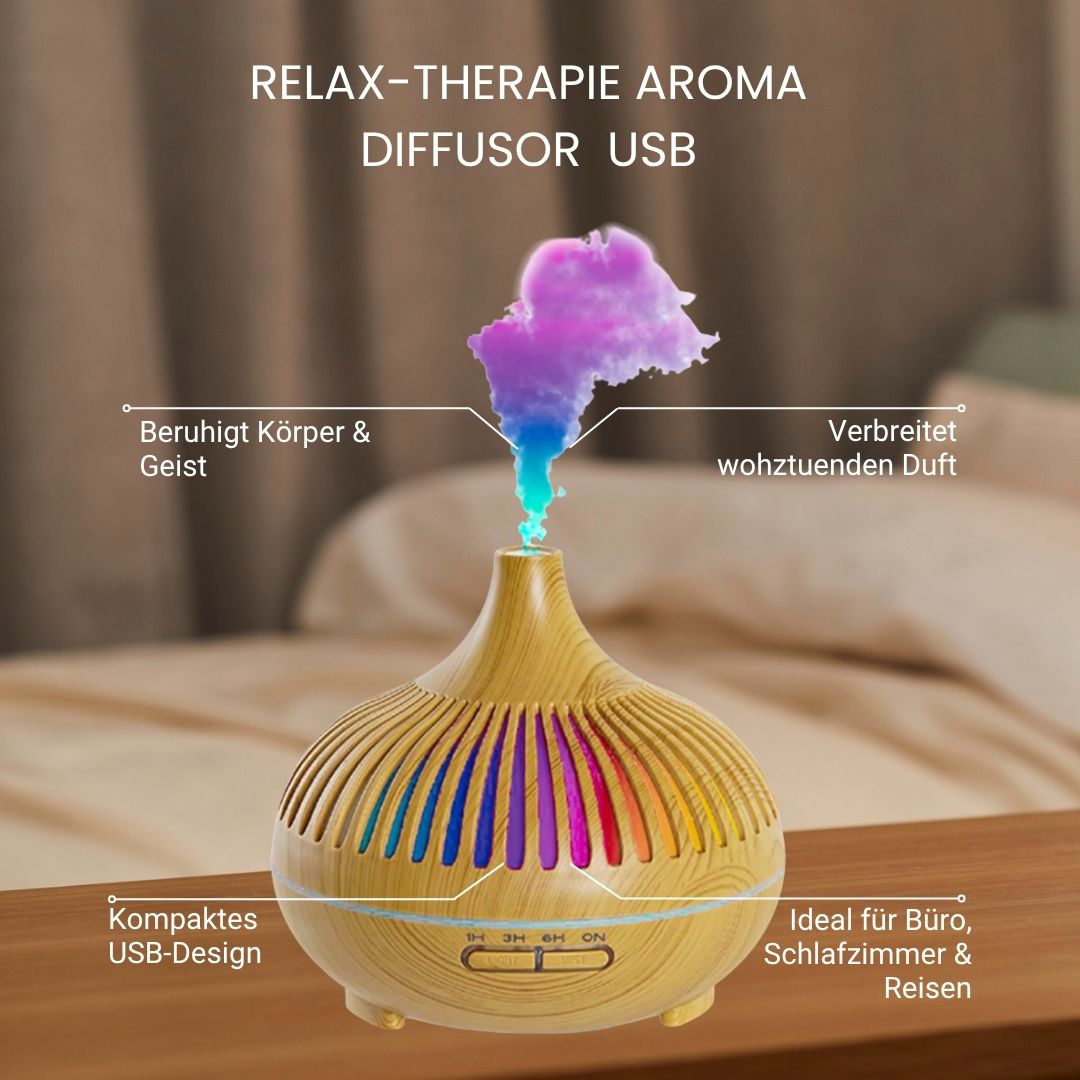 Aroma-Diffusor aus Holz mit farbigen LED-Lichtern und Dampf. Text: Relax-Therapie Aroma Diffusor USB. Auf Tisch platziert.