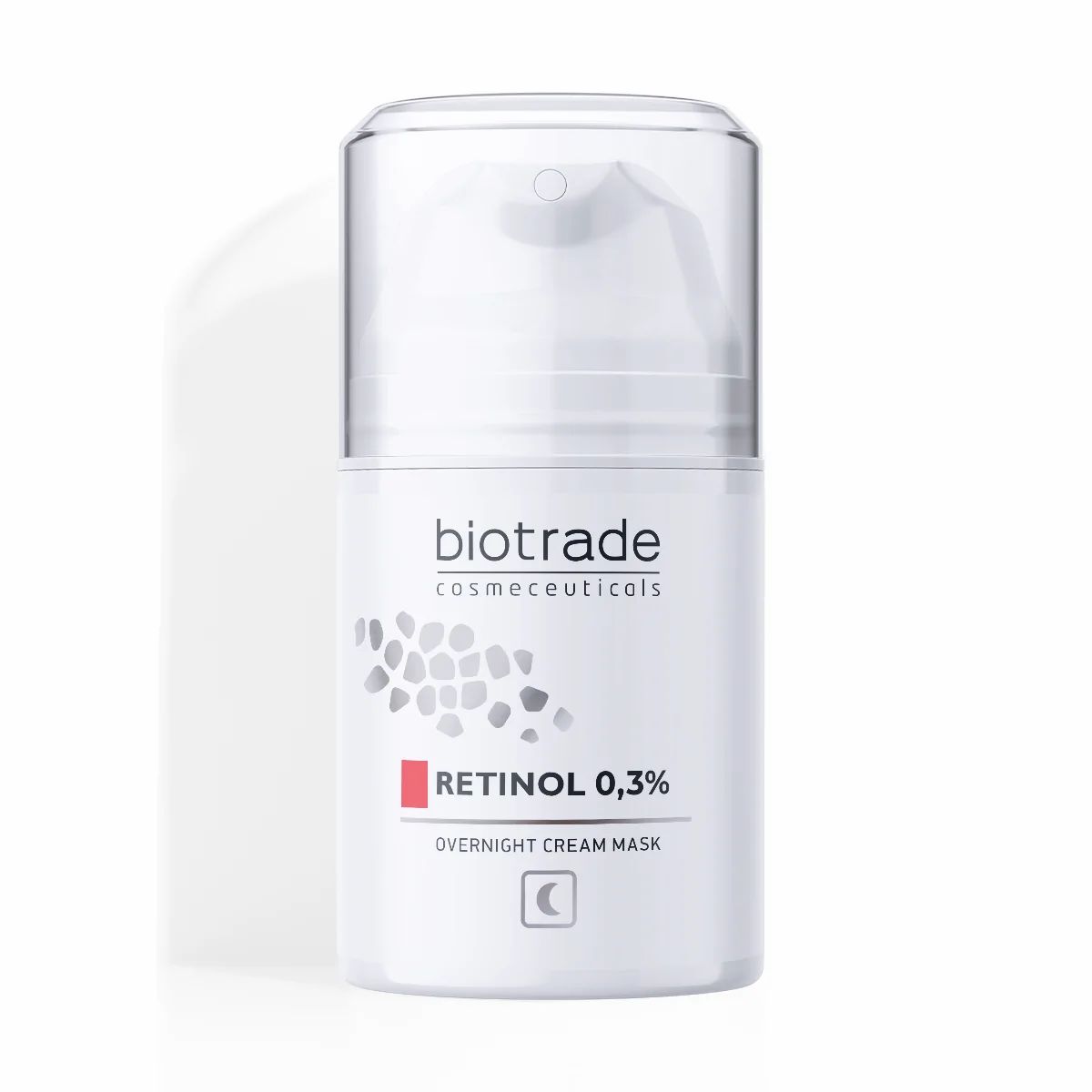 Weiße Flasche mit Aufschrift Biotrade, Retinol 0,3% und Nachtcreme-Gesichtsmaske.